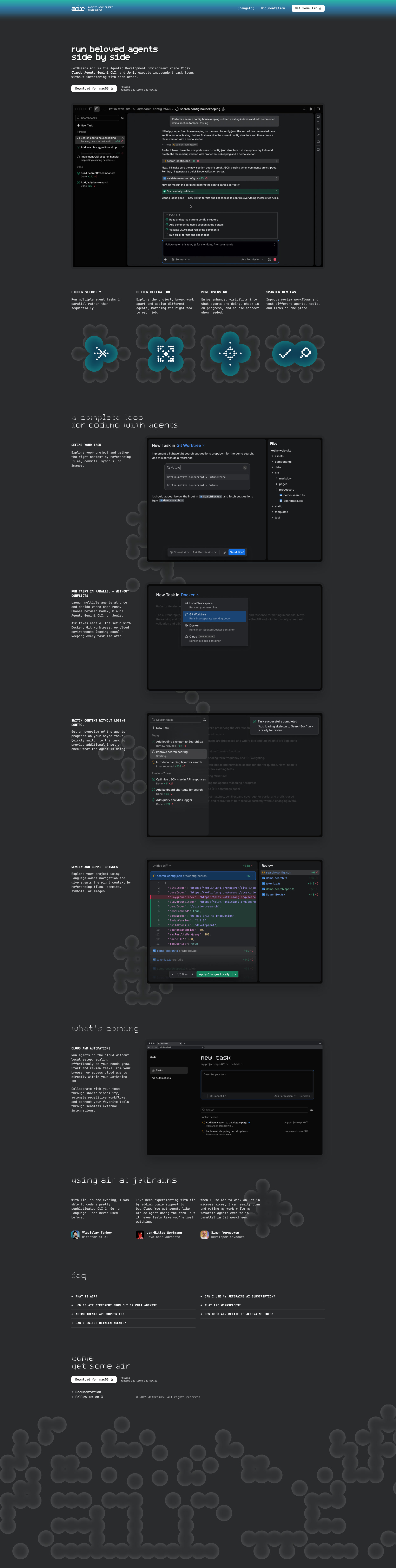 JetBrains Air Landing Page Example: JetBrains Air is the Agentic Development Environment where Codex, Claude Agent, Gemini CLI, and Junie execute independent task loops without interfering with each other.