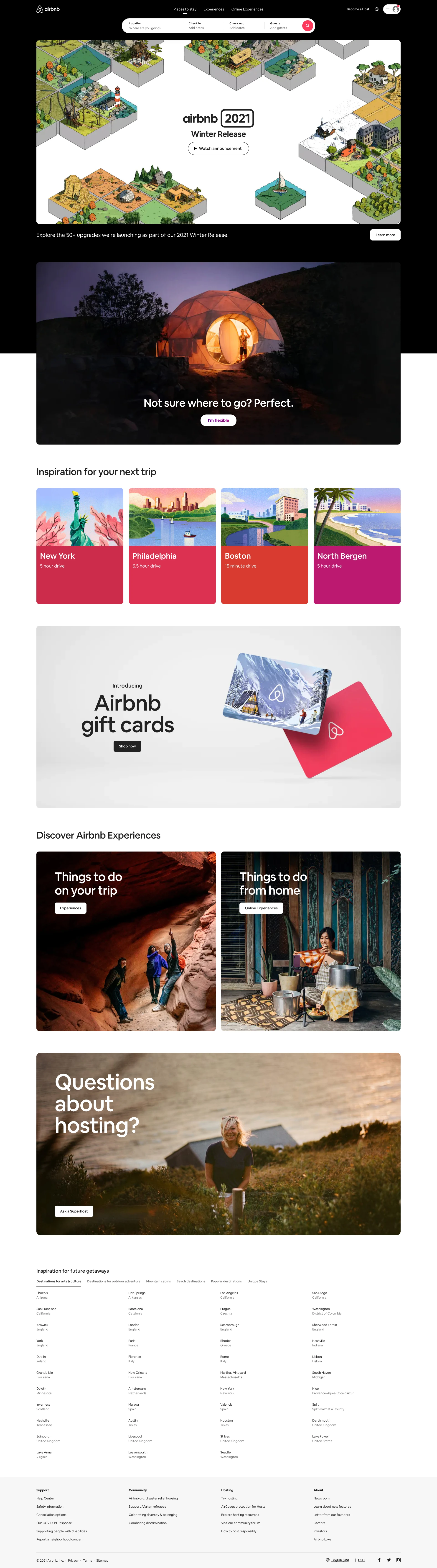 Airbnb Landing Page Example: Find vacation rentals, cabins, beach houses, unique homes and experiences around the world - all made possible by hosts on Airbnb.