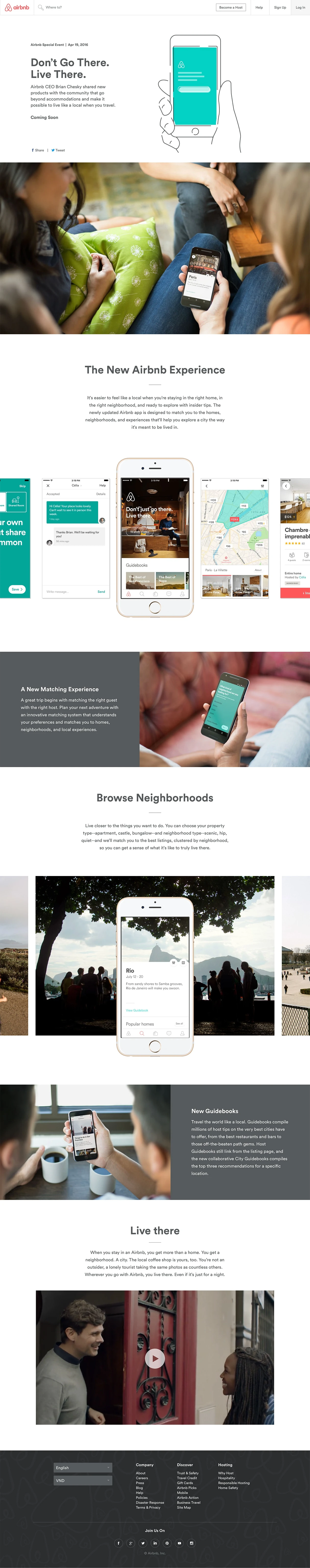Airbnb - Live There Landing Page Example: Don’t go there. Live there. Even if it’s just for a night. Travel with Airbnb and experience a place like you live there.