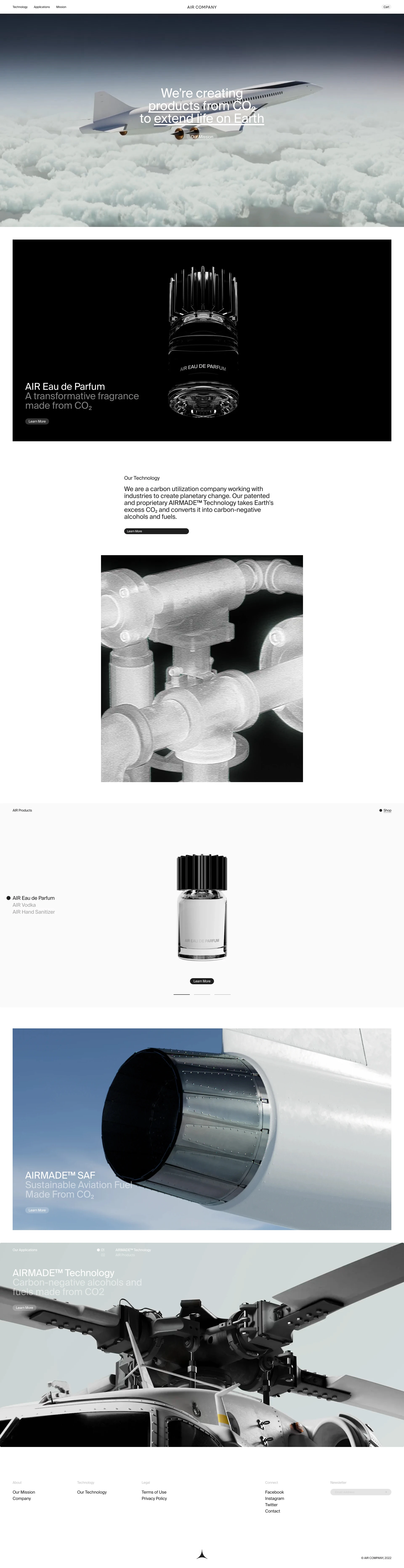 AIR COMPANY Landing Page Example: We are a carbon utilization company working with industries to create planetary change, taking Earth's excess CO2 and converting it into carbon-negative alcohols and fuels.