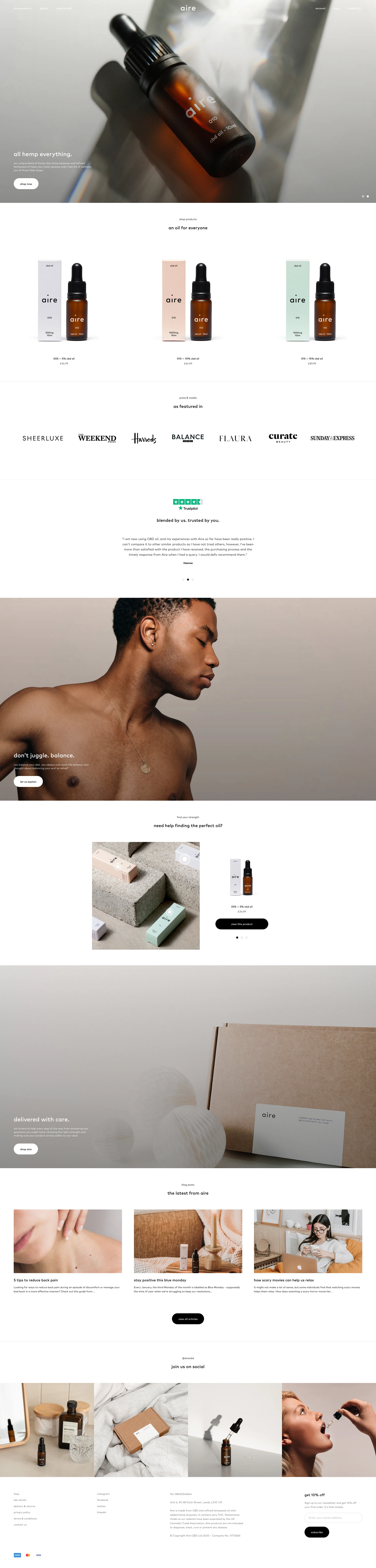 Aire Landing Page Example: A better way to deal with everyday. Our hemp-derived CBD oils and products are available across the UK & Europe.