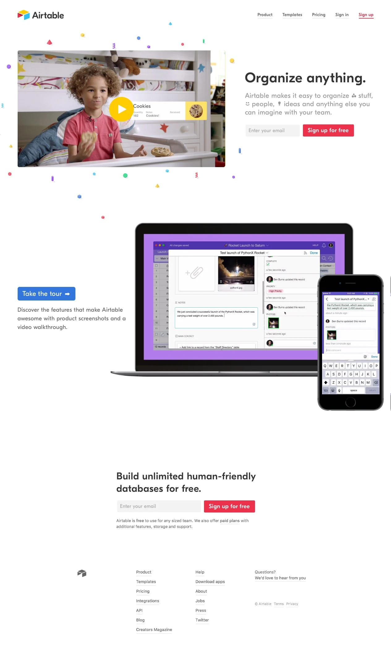 Airtable Landing Page Example: Organize anything you can imagine. Airtable works like a spreadsheet but gives you the power of a database to organize anything.