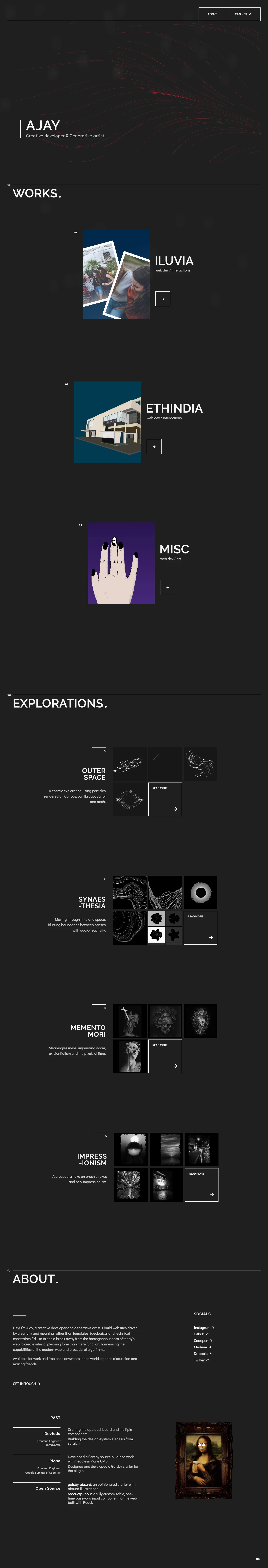 Ajay Landing Page Example: I’m Ajay, a creative developer and generative artist. I build websites driven by creativity and meaning rather than templates, ideological and technical constraints.