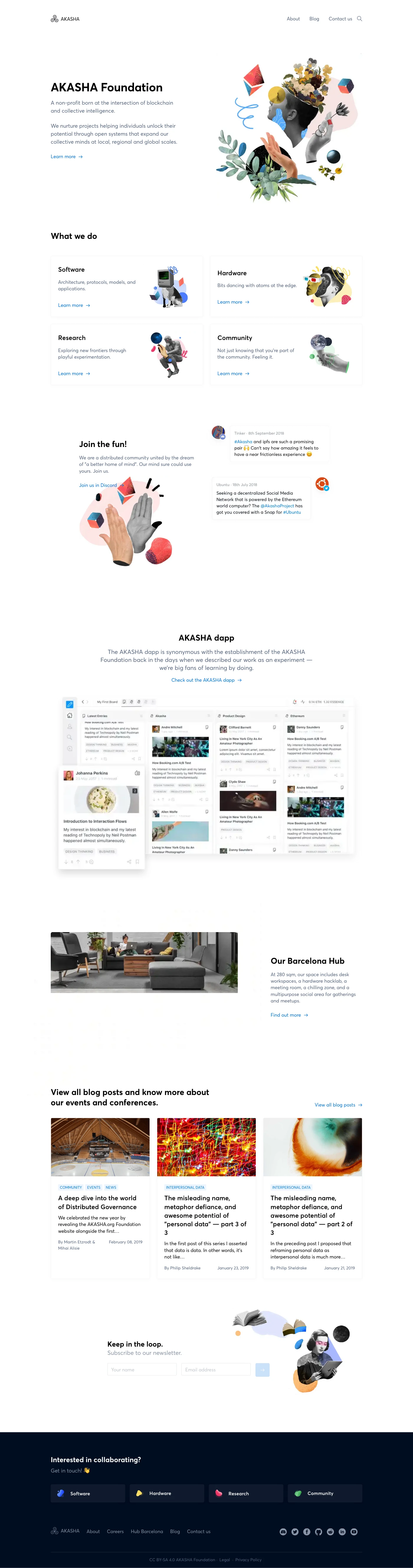 AKASHA Foundation Landing Page Example: A non-profit born at the intersection of blockchain and collective intelligence. We nurture projects helping individuals unlock their potential through open systems that expand our collective minds at local, regional and global scales.