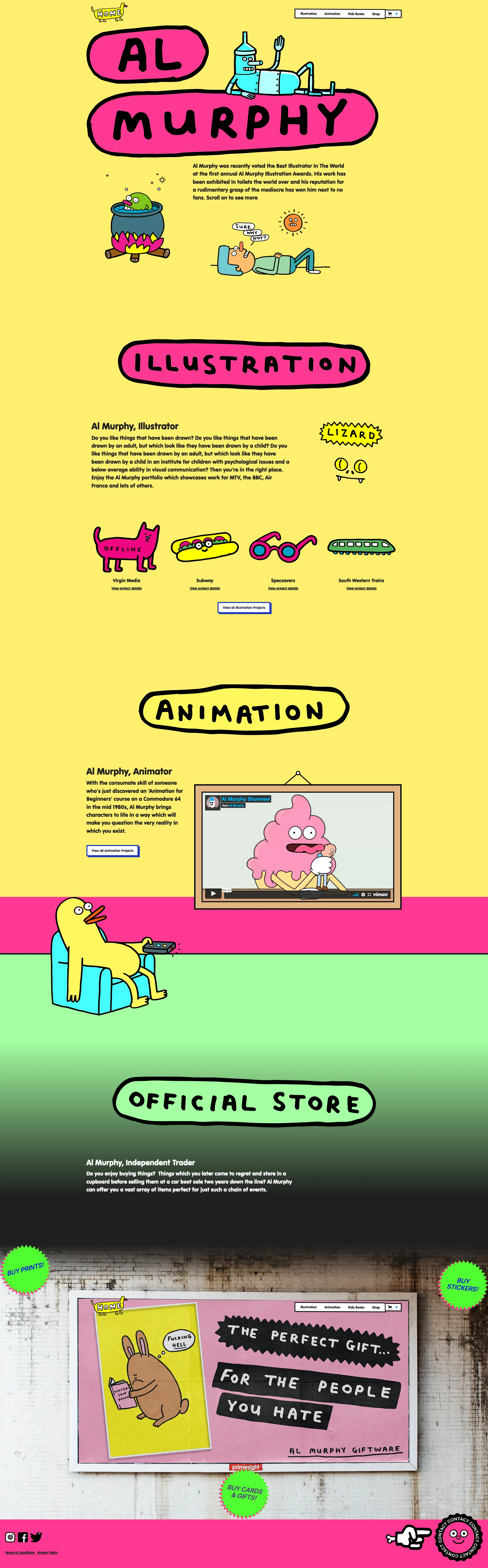 Al Murphy Landing Page Example: All this and more on the website of 'the best illustrator in the world'. The man who brought you Trendy Media Mums (and Dads), Watership Downer, Kitchen Disco and more!