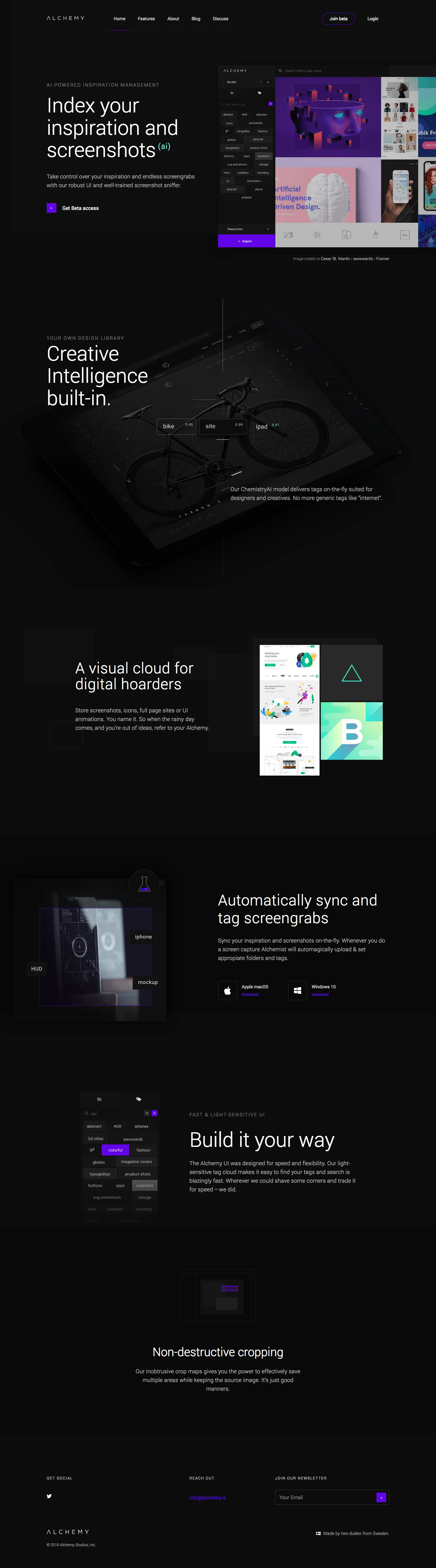 Alchemy.is Landing Page Example: Index your inspiration and auto-upload screenshots in the cloud with AI. Alchemy is a hoarder’s dream with a fast, dark and sleek UI and unlimited storage.