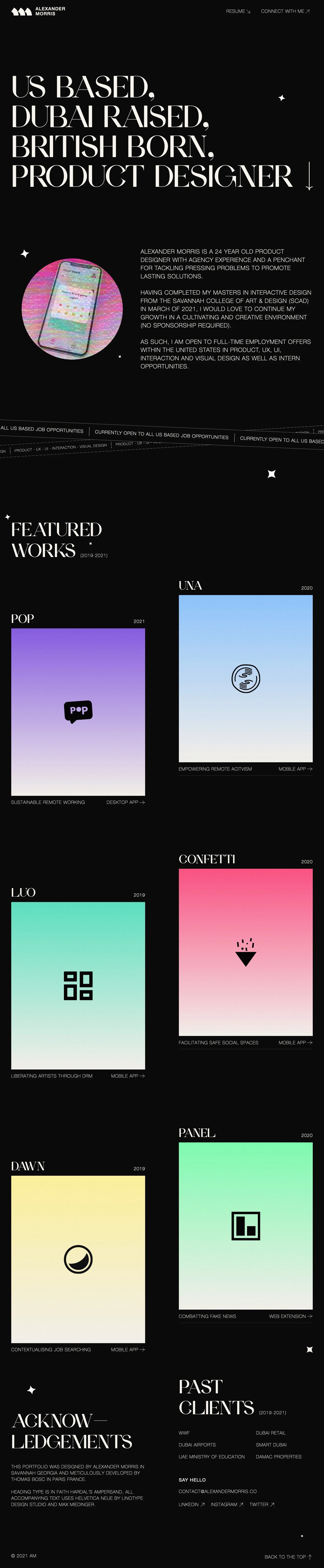 Alexander Morris Landing Page Example: Alexander Morris is a 24 year old Product Designer with agency experience and a penchant for tackling pressing problems to promote lasting solutions.