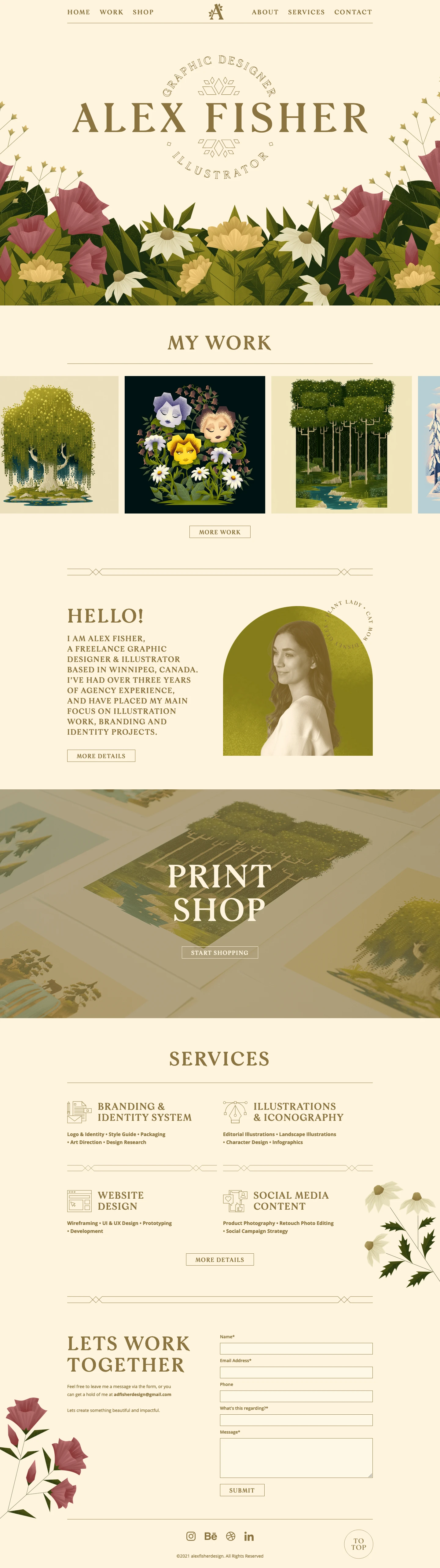 Alex Fisher Design Landing Page Example: I’m Alex Fisher, a freelance graphic designer & illustrator based in Winnipeg, Canada. I’ve had over three years of agency experience, and have placed my main focus on illustration work, branding and Identity projects.