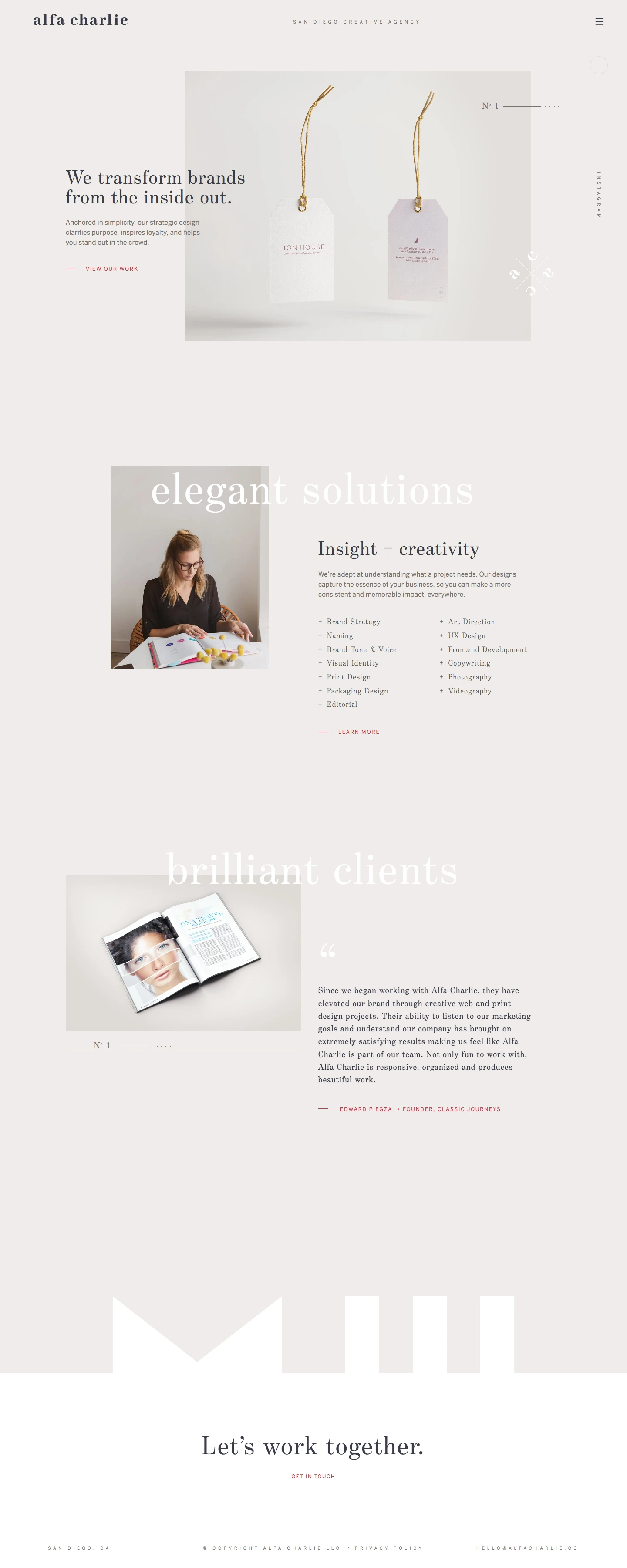 Alfa Charlie Landing Page Example: Alfa Charlie is a boutique creative agency based in San Diego, CA. Specializing in branding and web design, our strategic design clarifies purpose, inspires loyalty, and helps you stand out in the crowd.