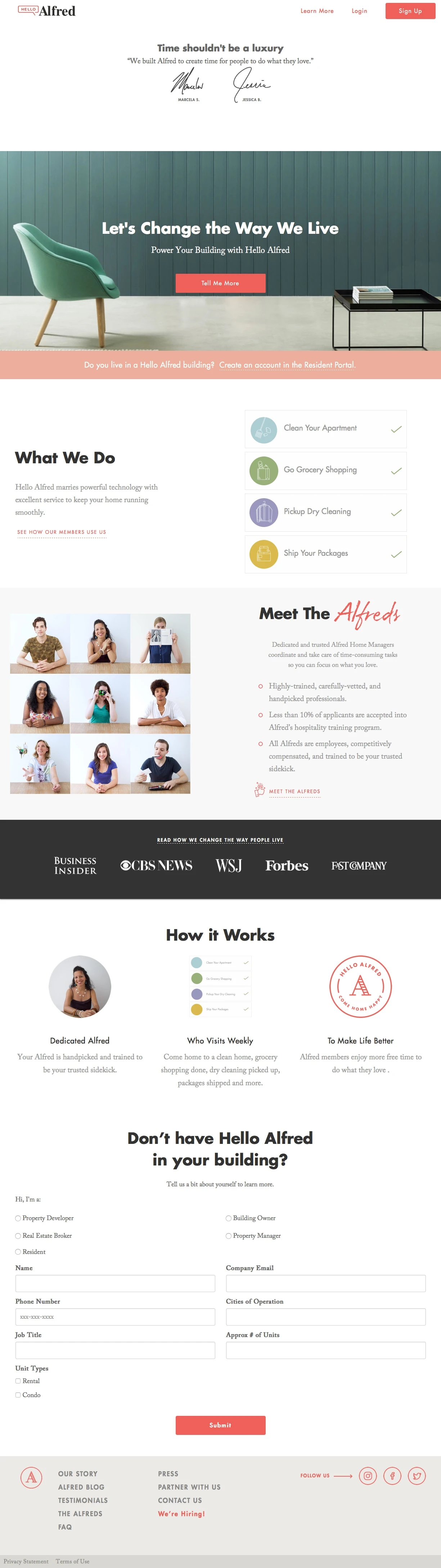 Alfred Landing Page Example: Get ready for life without chores. Sign up for Alfred now & never worry about grocery shopping, dry cleaning, laundry, house cleaning or packages again.