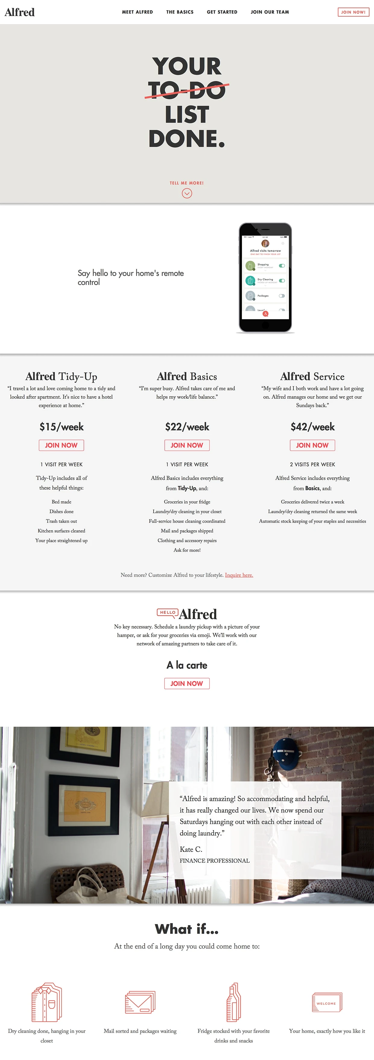 Alfred Landing Page Example: Alfred takes care of it so you don't have to.  Dry-cleaning, laundry, groceries, cobbler, tailor, packages, pharmacy, and donations.