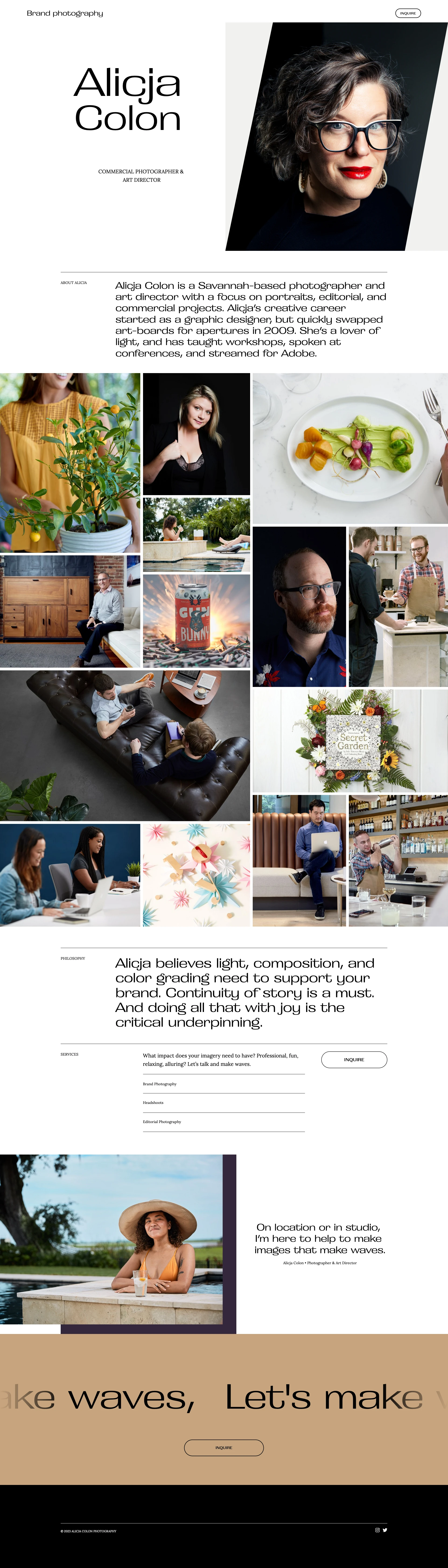 Alicja Colon Landing Page Example: Alicja Colon is a commercial photographer based out of Savannah, Georgia. Her crisp style enables her to craft impactful editorial, brand photography, and commercial portraits.