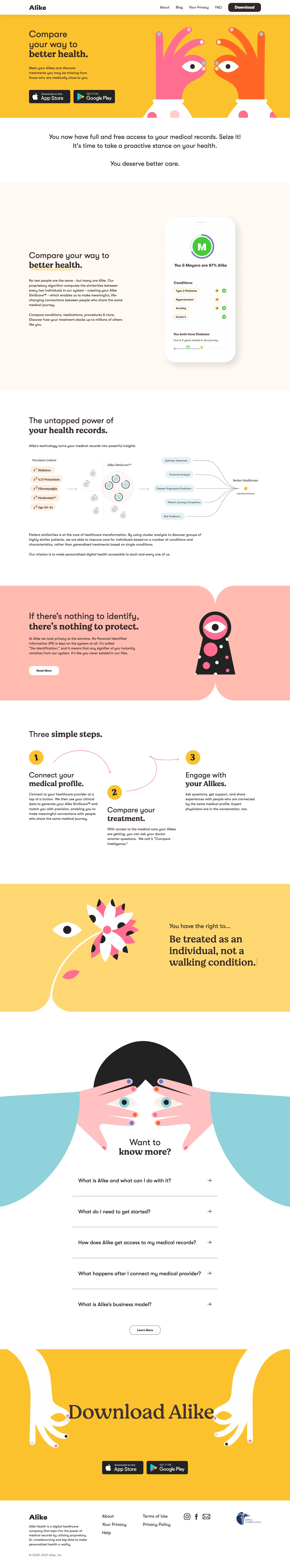 Alike Landing Page Example: Compare your way to better health. Meet your Alikes and discover treatments you may be missing from those who are medically close to you.