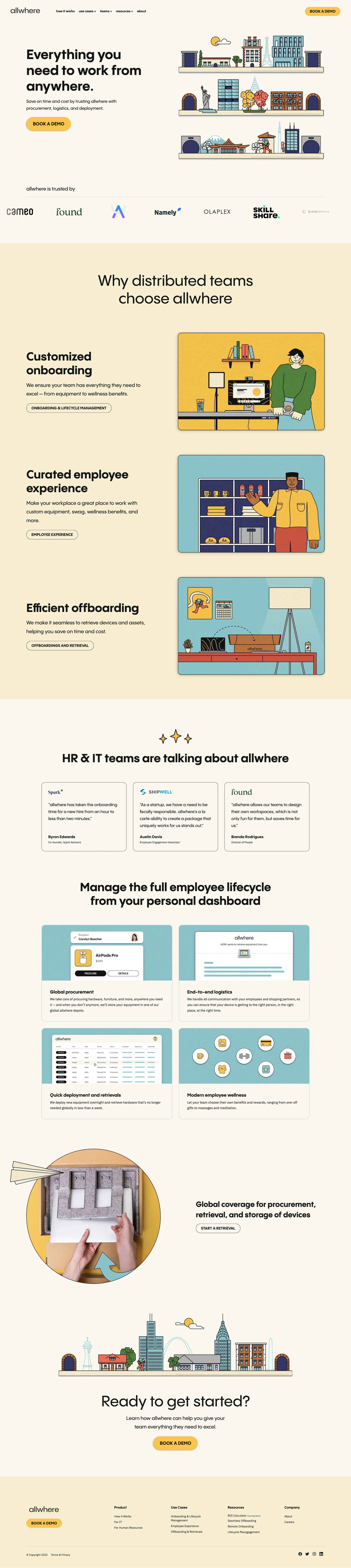 allwhere Landing Page Example: Remote Work Setups For Teams. Everything you need to work from anywhere. Save on time and cost by trusting allwhere with procurement, logistics, and deployment.