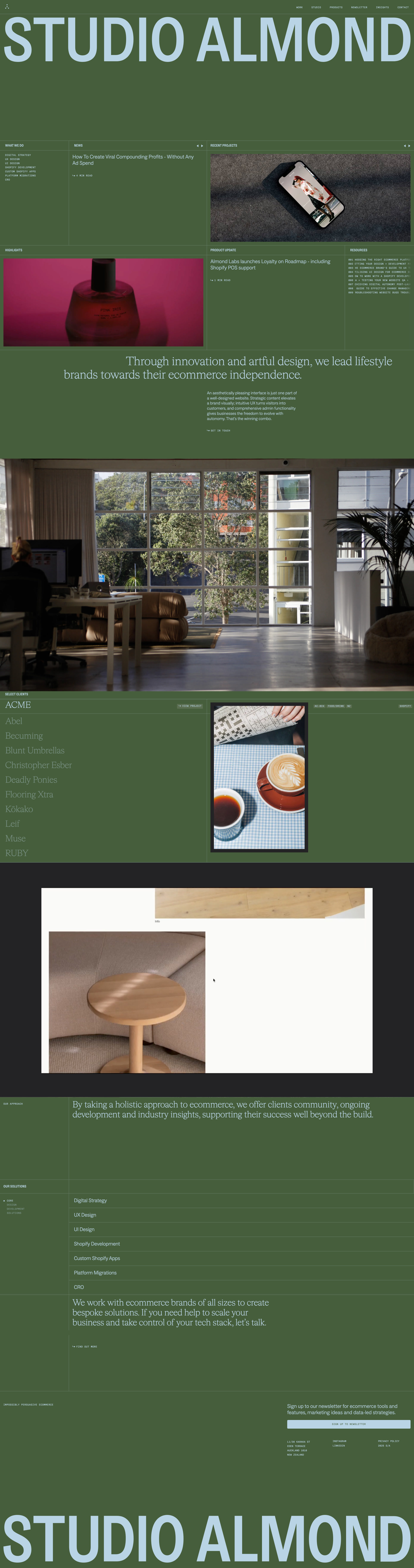 Studio Almond Landing Page Example: Leading Ecommerce Studio based in Auckland, New Zealand. We specialise in design and UX led sites for fashion, lifestyle, wellness and FMCG brands, all powered by Shopify.