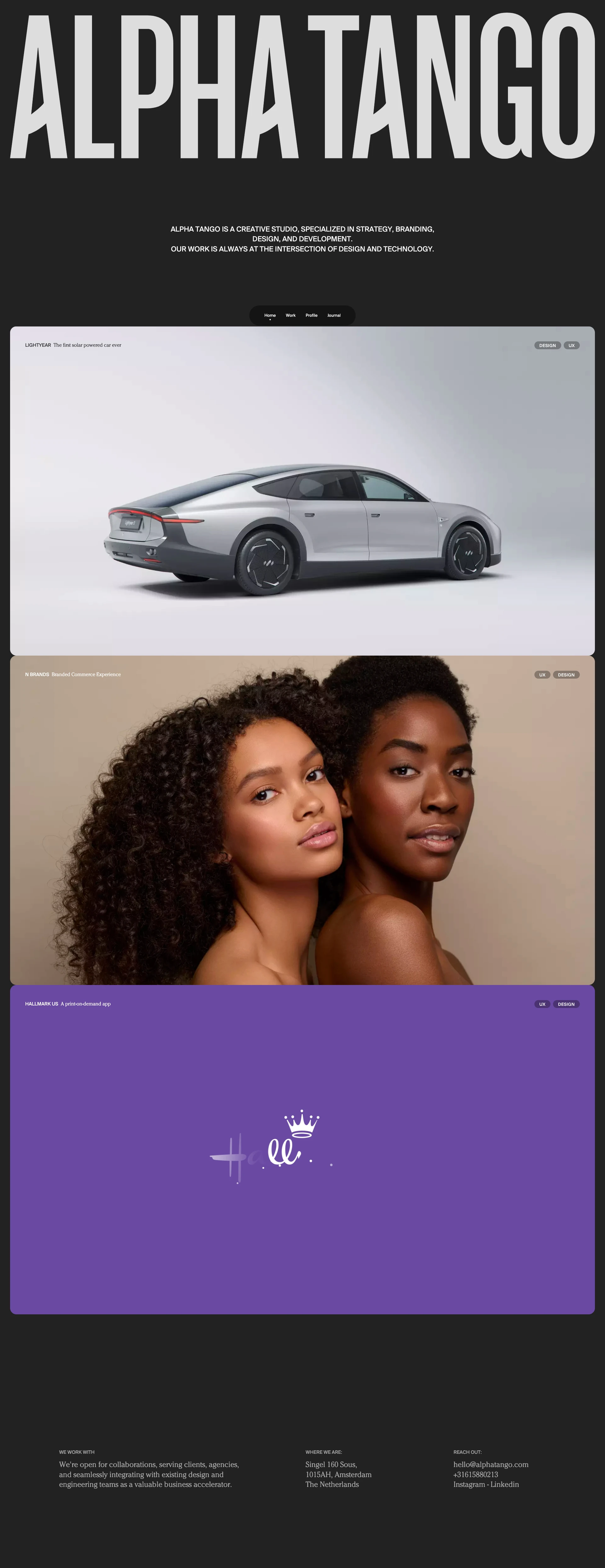 Alpha Tango Landing Page Example: Alpha Tango is a creative studio, specialized in strategy, branding, design, and development. Our work is always at the intersection of design and technology.