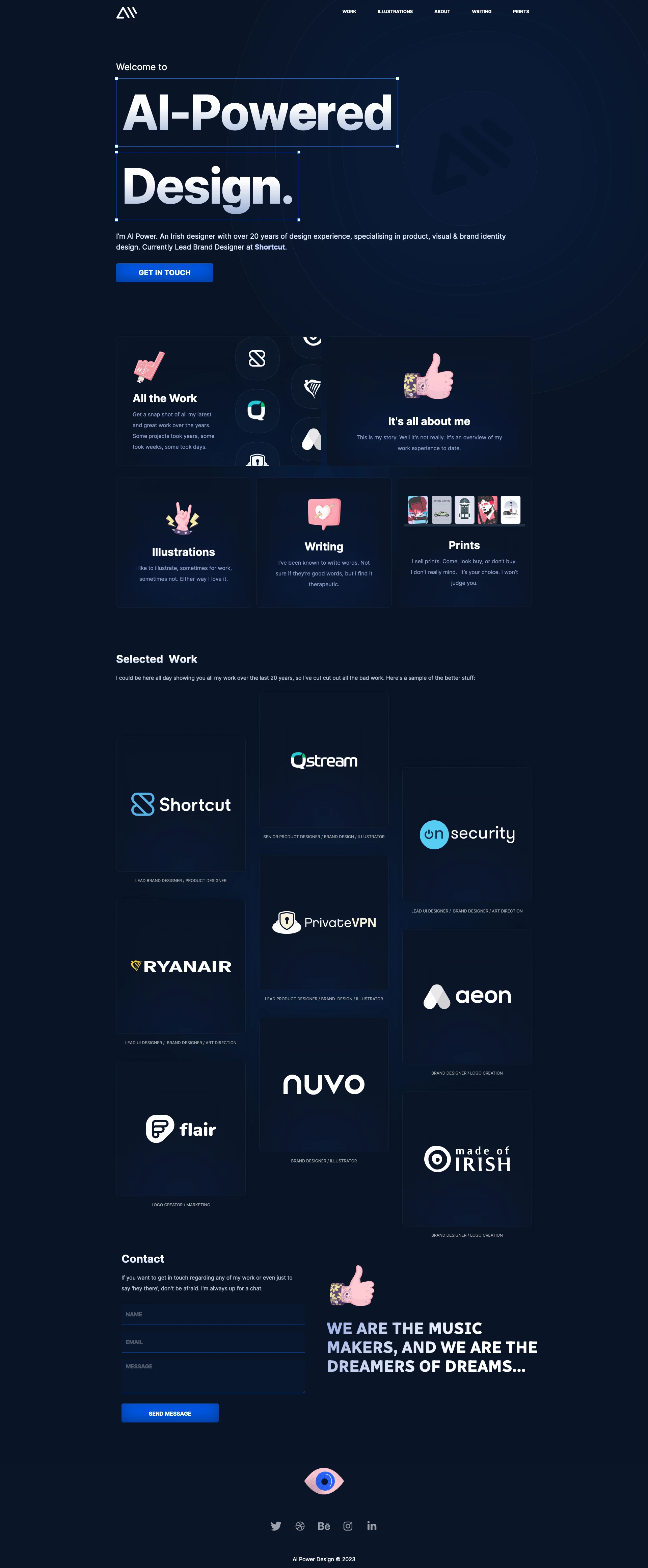 Al Power Landing Page Example: I’m Al Power. An Irish designer with over 20 years of design experience, specialising in product, visual & brand identity design. I try my hardest to create clean, imaginative, creative designs.