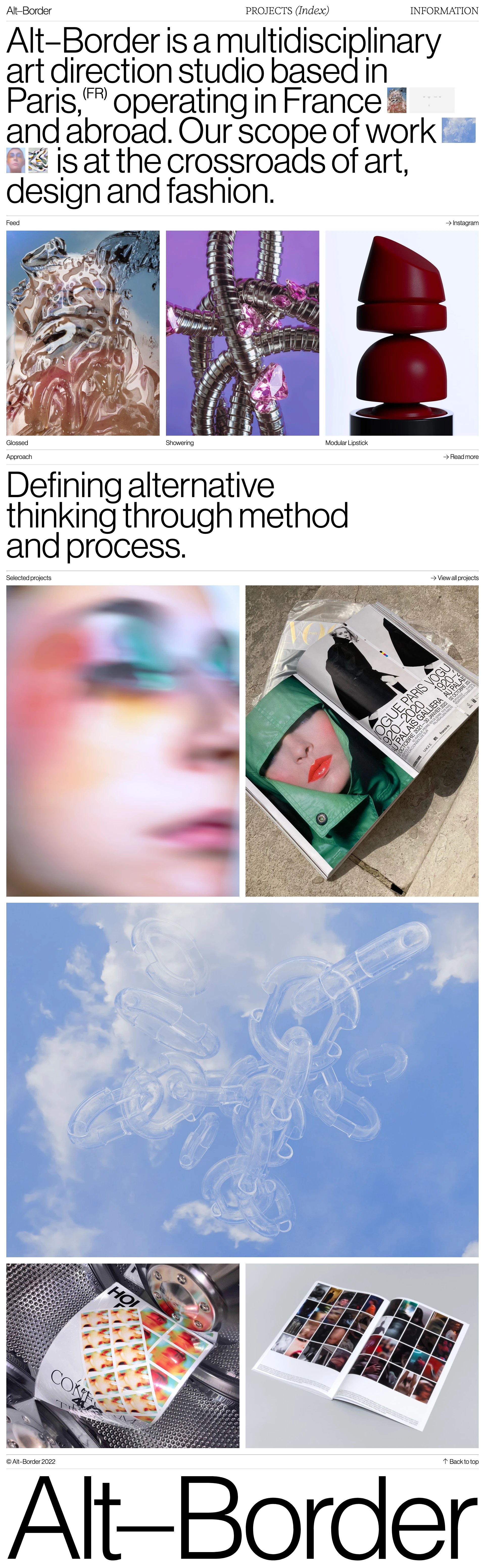 Alt–Border Landing Page Example: Alt–Border is a multidisciplinary art direction studio based in Paris and operating in France and abroad. Our scope of work is at the crossroads of art, design and fashion.