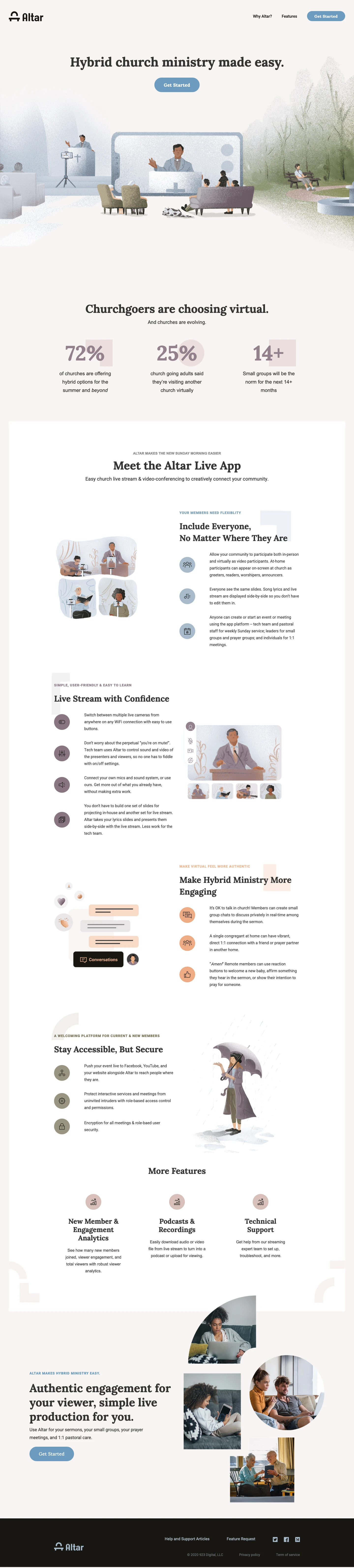 Altar Landing Page Example: Altar is live streaming and video conferencing technology built specifically for churches to make Sunday morning easier. Allow your community to participate both in-person and virtually as video participants. Zoom into more features for your church.