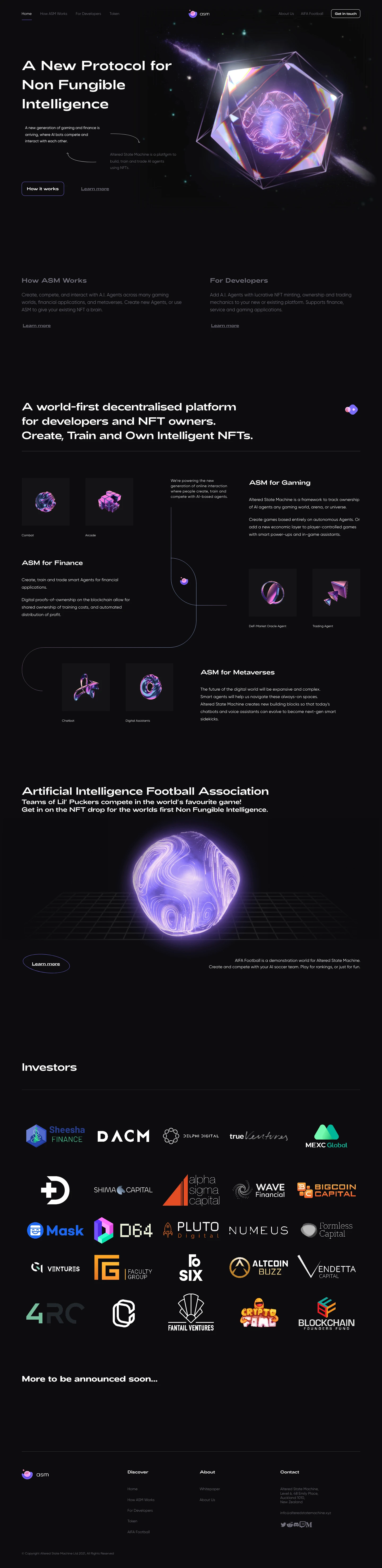 Altered State Machine Landing Page Example: ASM is a protocol for Non Fungible Intelligence. A new tool for the metaverse that allows you to own an AI inside an NFT. NFT owners can add a “brain” to their NFT’s. Game developers can let their players own smart NPC agents. Plus hundreds more uses including Chatbots, DeFi bots, and Oracles. Join the metaverse intelligence revolution.