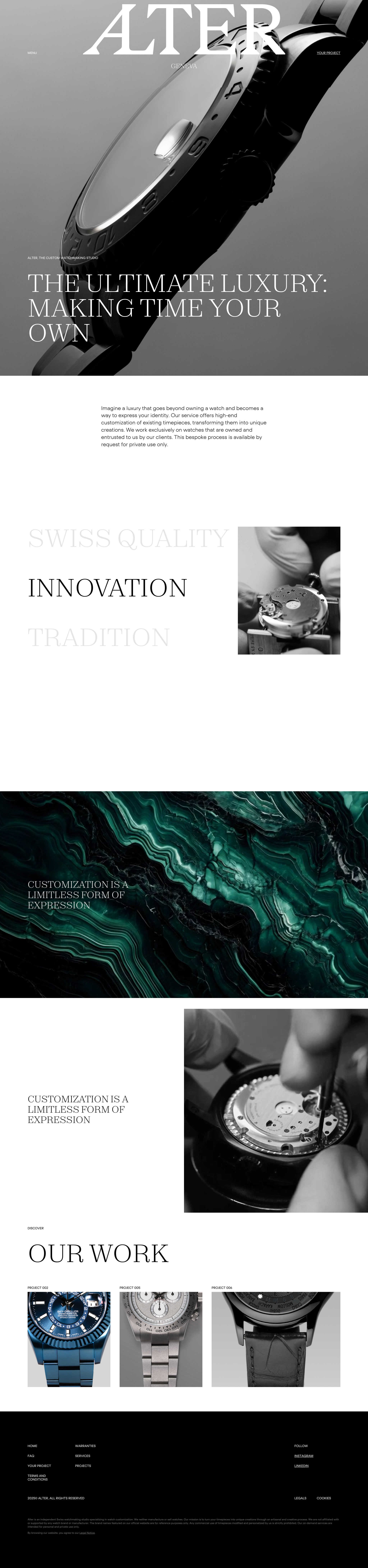 Alter Geneva Landing Page Example: Alter, the bespoke watchmaking studio.  The ultimate luxury: making time your own.