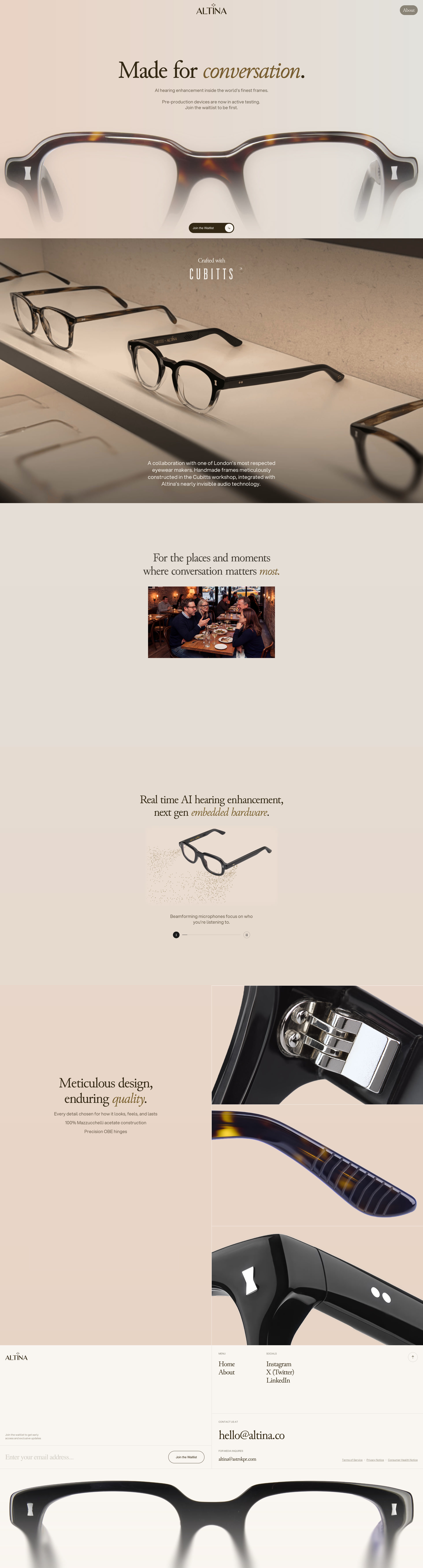 Altina Landing Page Example: Altina is building AI-powered hearing eyewear designed to help people stay engaged in conversation, even in noisy environments.