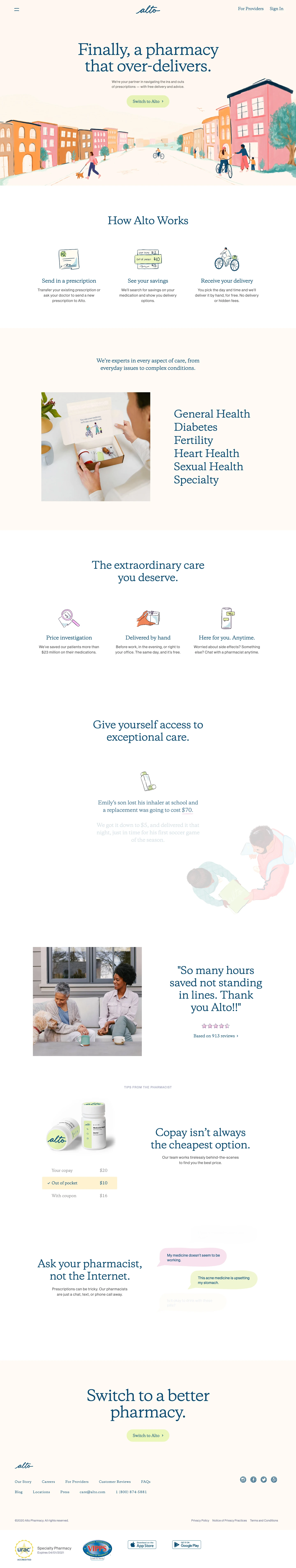 Alto Landing Page Example: Alto is a full-service pharmacy that delivers prescriptions to your door for free, seven days a week. We work with your doctor and insurance to always get you the best price and pharmacists are available via phone, text, email, and app to answer questions.