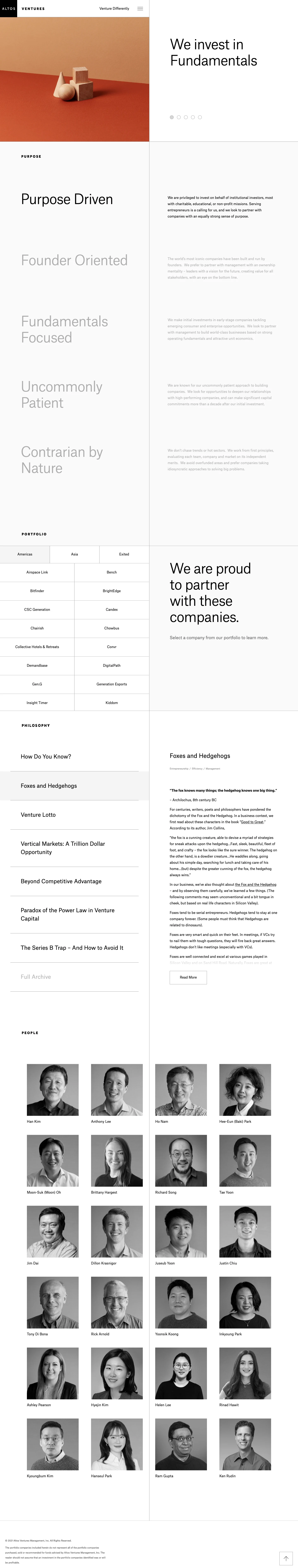 Altos Ventures Landing Page Example: We are privileged to invest on behalf of institutional investors, most with charitable, educational, or non-profit missions. Serving entrepreneurs is a calling for us, and we look to partner with companies with an equally strong sense of purpose.