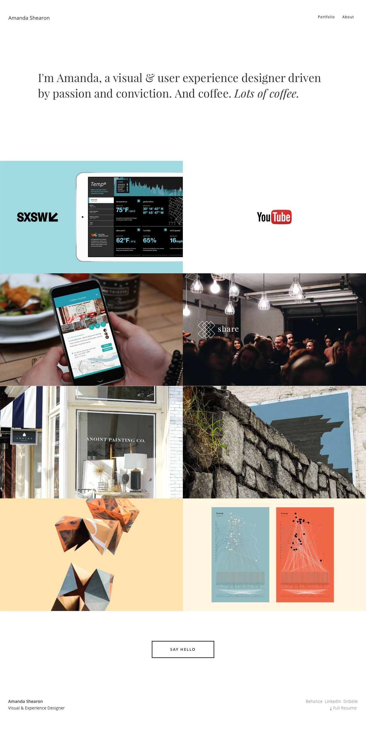 Amanda Shearon Landing Page Example: A visual & user experience designer driven by passion and conviction. And coffee. Lots of coffee.
