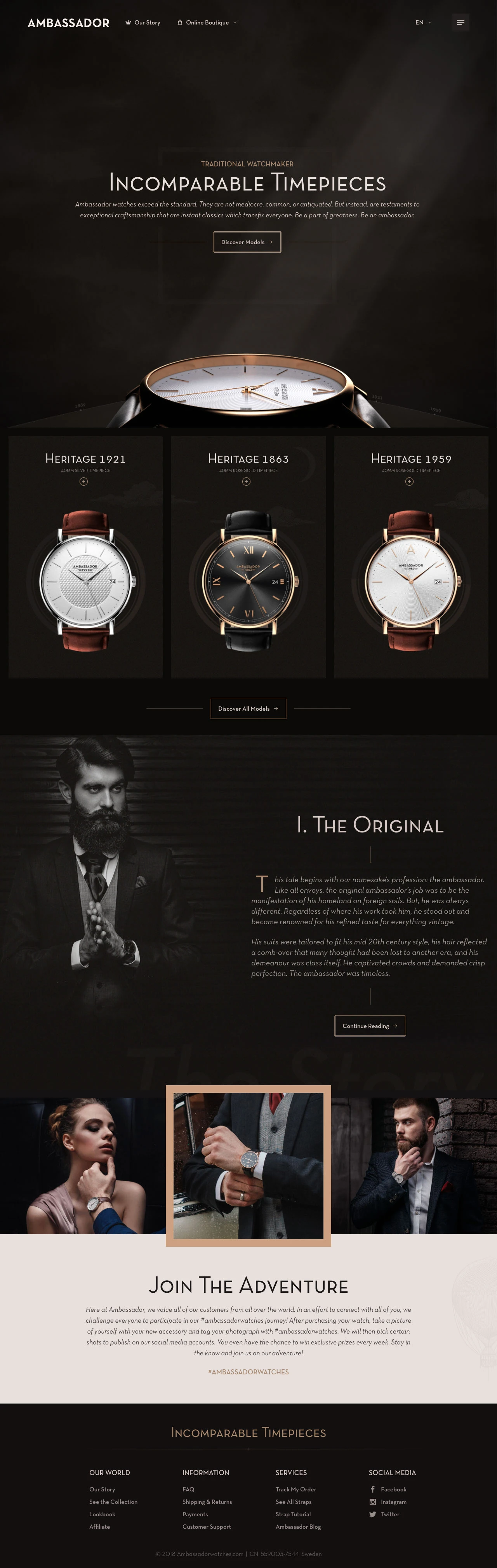 Ambassador Watches Landing Page Example: Designed to encapsulate elegance, Ambassador creates watches that span distance and time, and are certain to shift expectations.