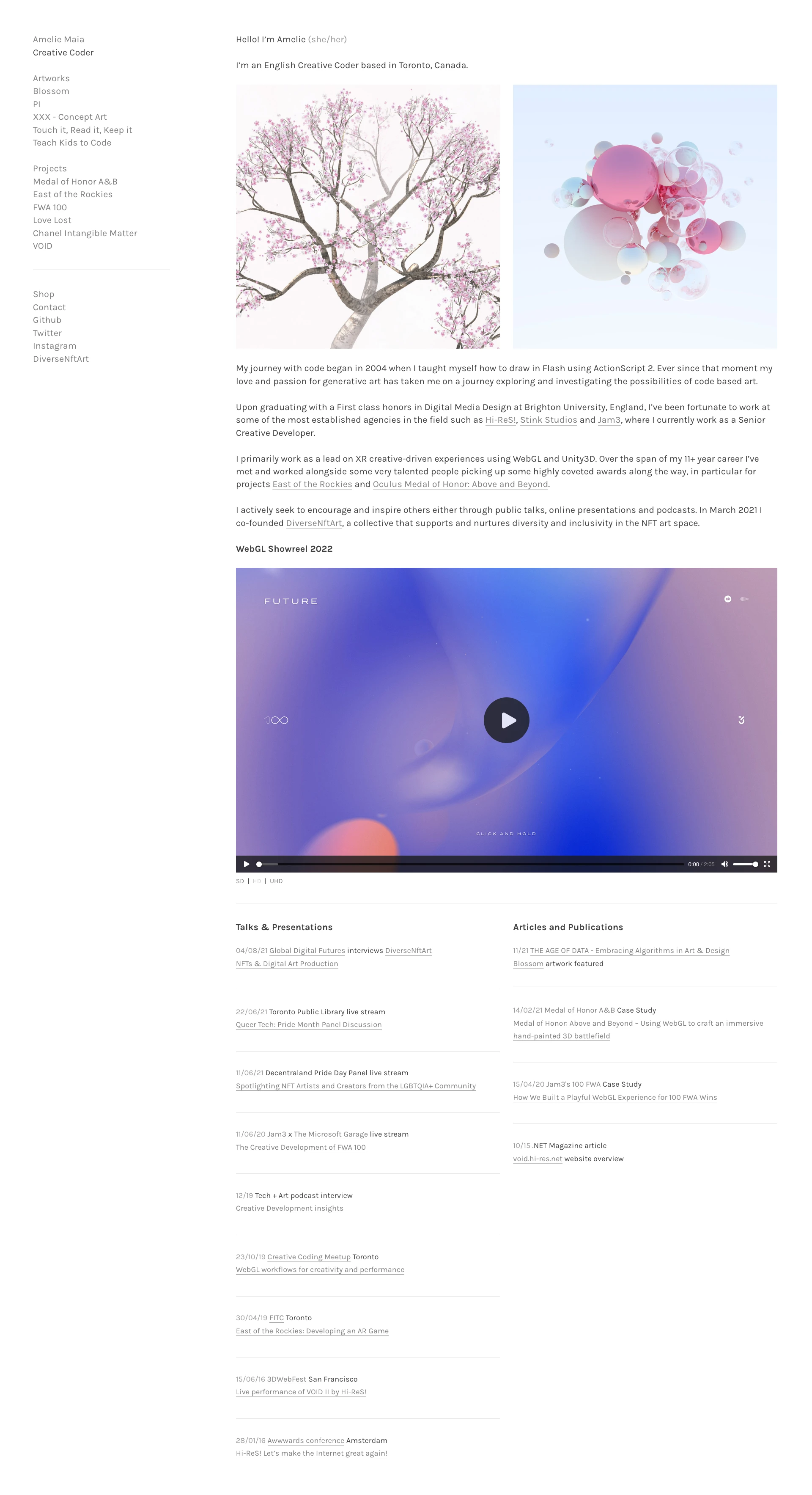 Amelie Maia Landing Page Example: Amelie Maia is an English Creative Coder based in Toronto, Canada.