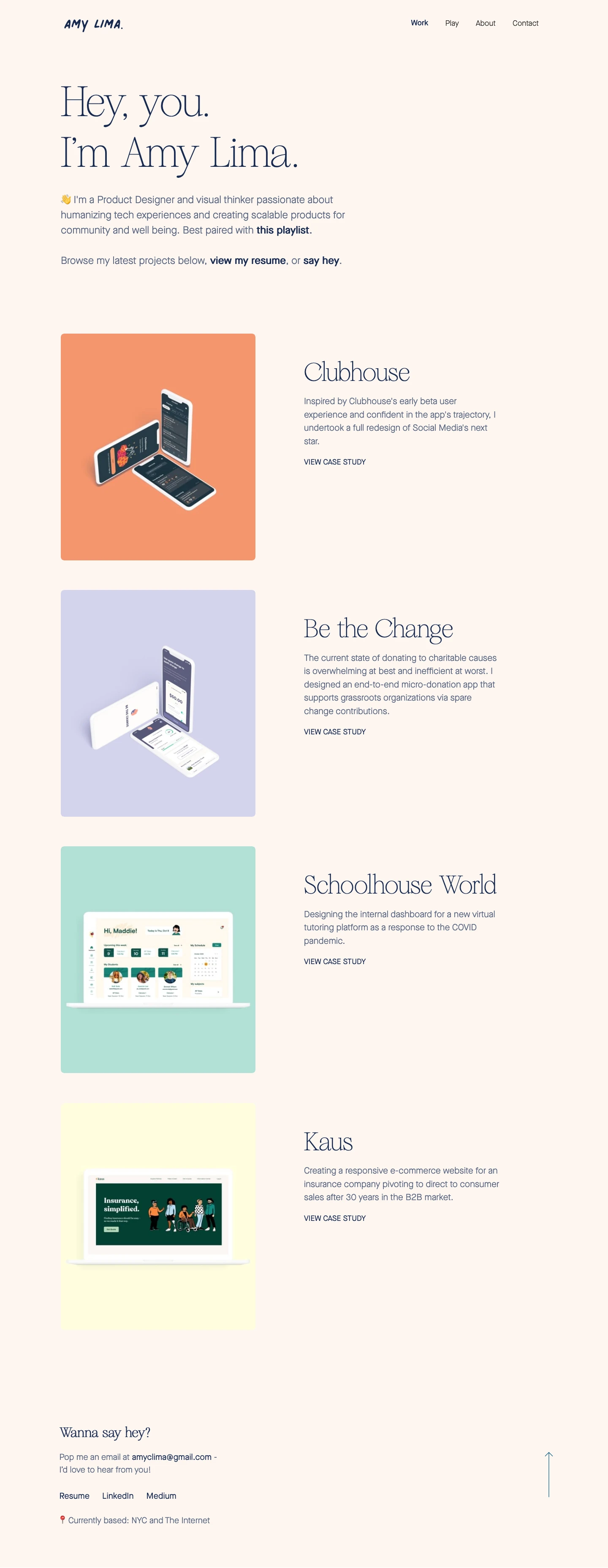 Amy Lima Landing Page Example: I'm a Product Designer and visual thinker passionate about humanizing tech experiences and creating scalable products for community and well being.