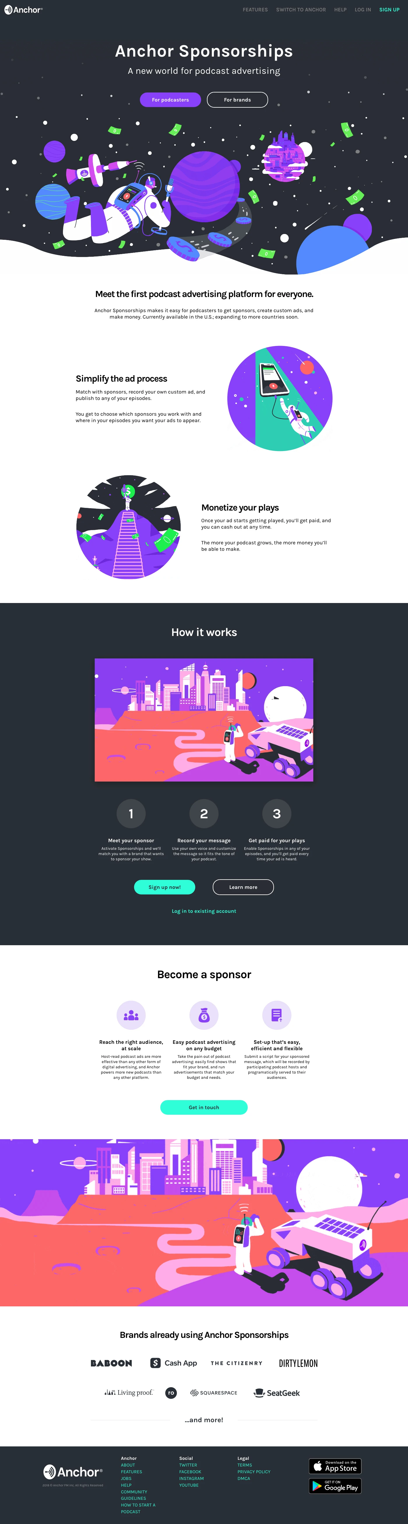 Anchor Sponsorships Landing Page Example: The easiest way to start a podcast. A new world for podcast advertising.