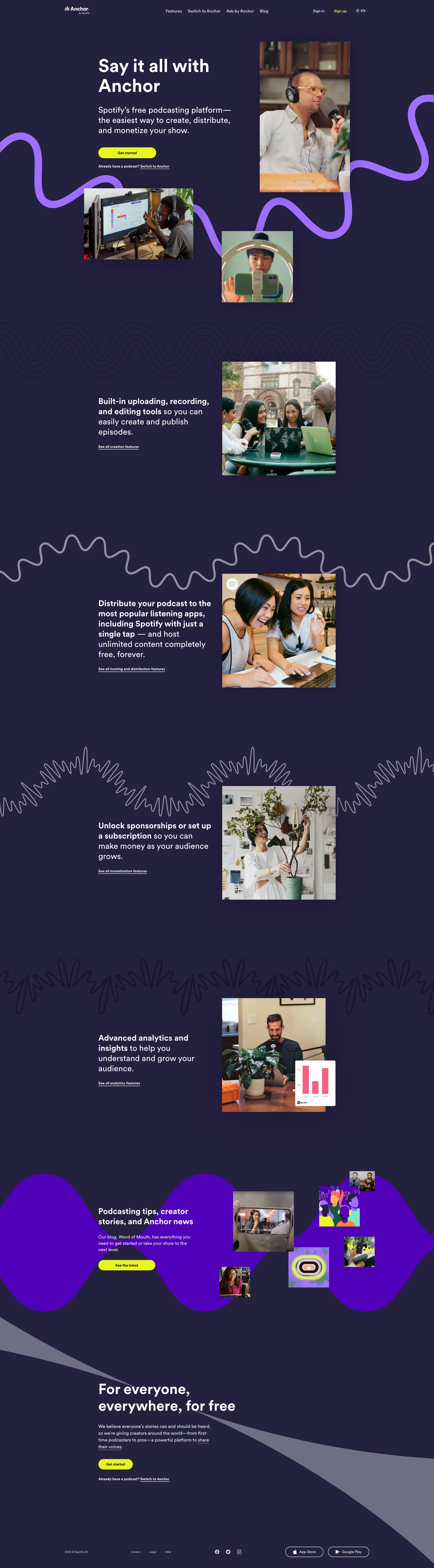 Anchor Landing Page Example: Say it all with Anchor. Spotify’s free podcasting platform—the easiest way to create, distribute, and monetize your show.