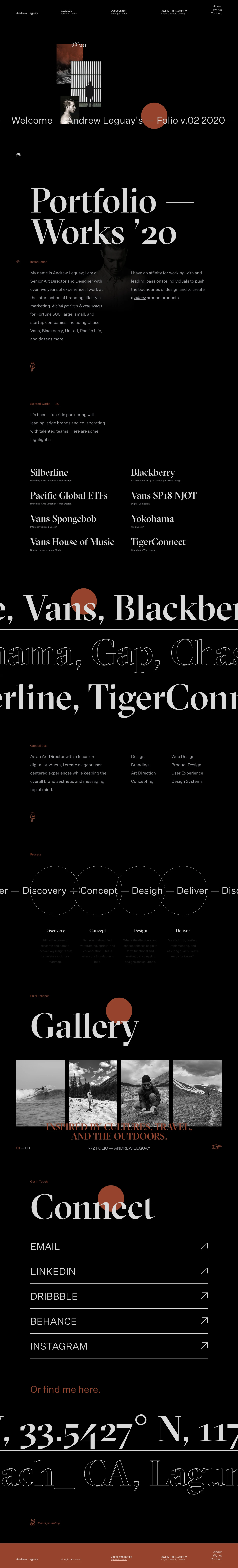 Andrew Leguay Landing Page Example: My name is Andrew Leguay. I am a Senior Art Director and Designer with over five years of experience. I work at the intersection of branding, lifestyle marketing, digital products & experiences for Fortune 500, large, small, and startup companies, including Chase, Vans, Blackberry, United, Pacific Life, and dozens more. 