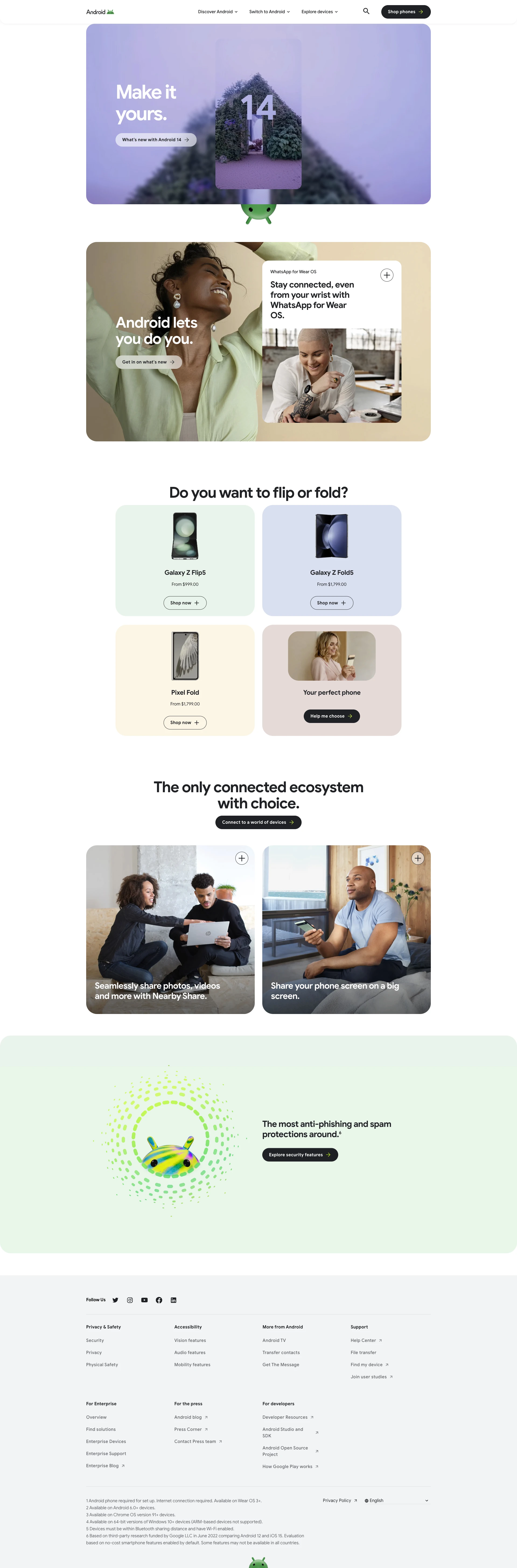 Android 14 Landing Page Example: Discover more about Android & learn how our devices can help you Do more with Google with hyper connectivity, powerful protection, & Google apps.