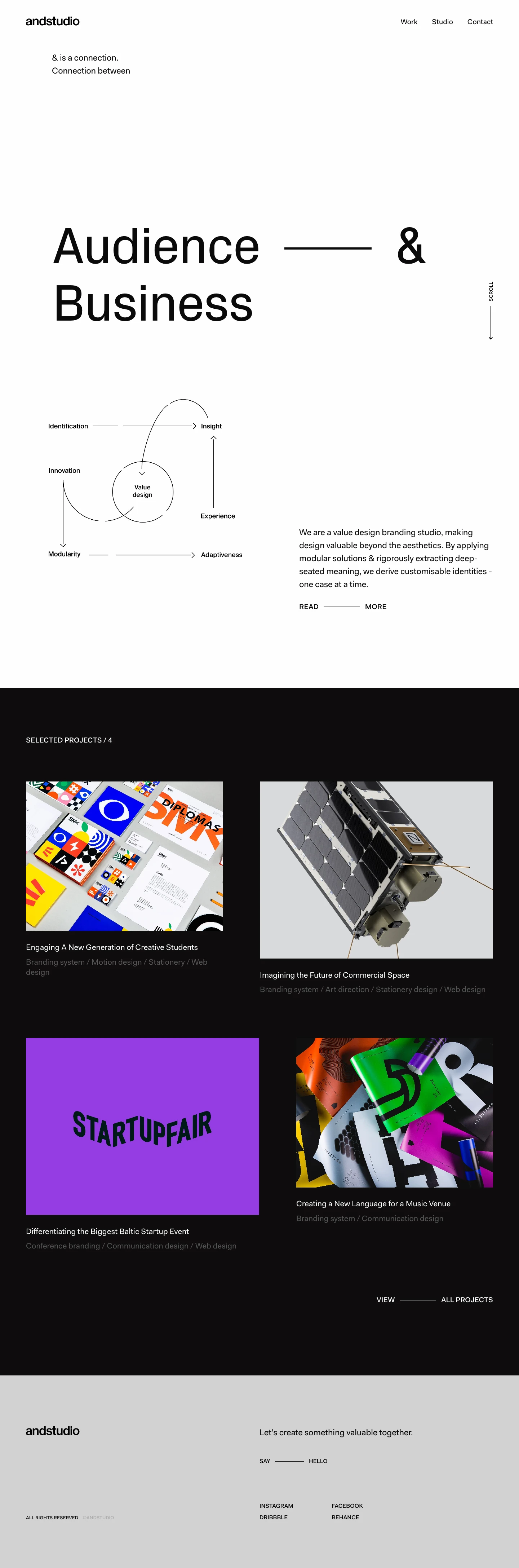 Andstudio Landing Page Example: We are a value design branding studio, making design valuable beyond the aesthetics. By applying modular solutions & rigorously extracting deep-seated meaning, we derive customisable identities - one case at a time.