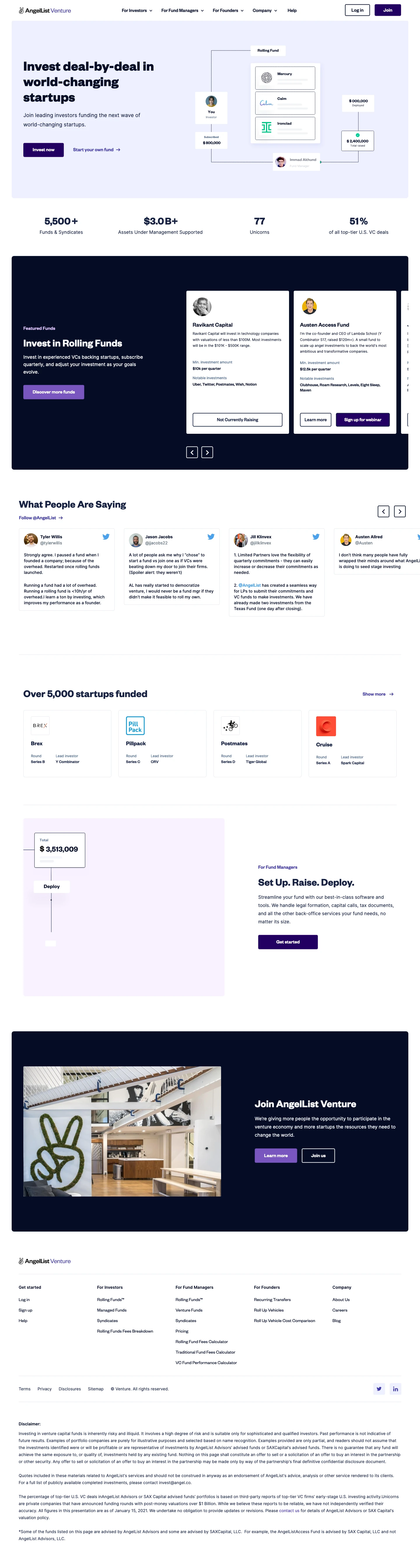 AngelList Venture Landing Page Example: Start or invest in venture capital funds and syndicates. Join leading venture capitalists and angel investors funding tech startups.
