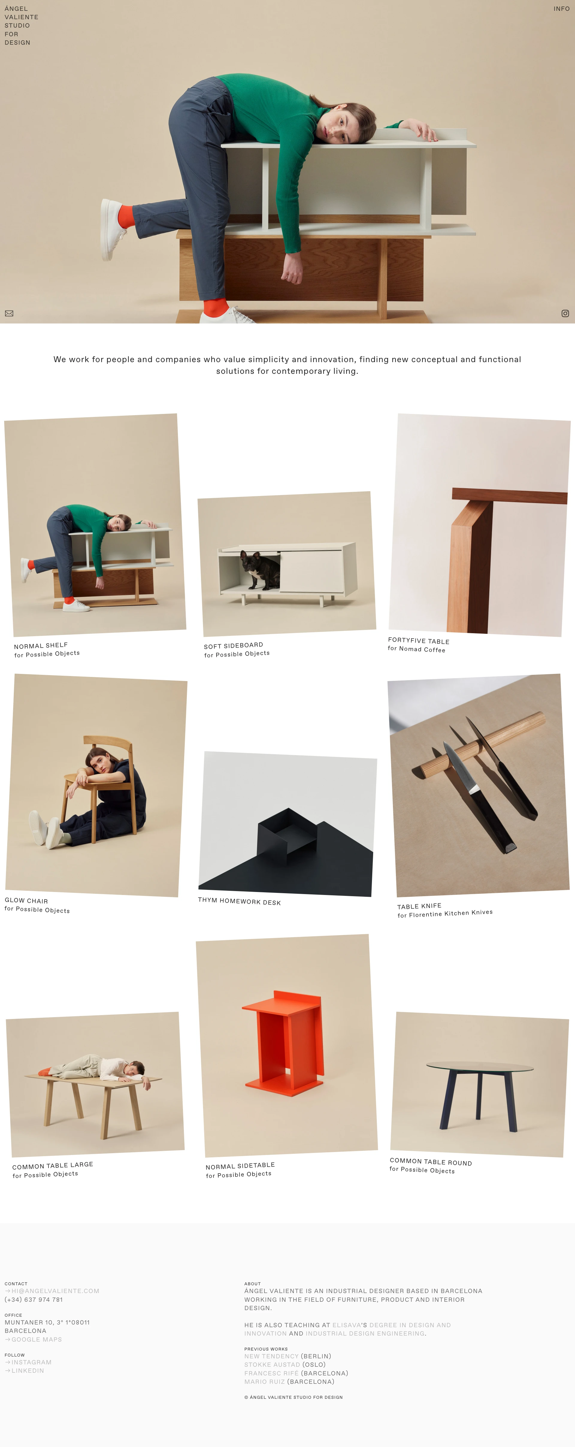 Ángel Valiente Landing Page Example: Ángel Valiente is a Studio for Design based in Barcelona. We work for people and companies who value simplicity and innovation, finding new conceptual and functional solutions for contemporary living.