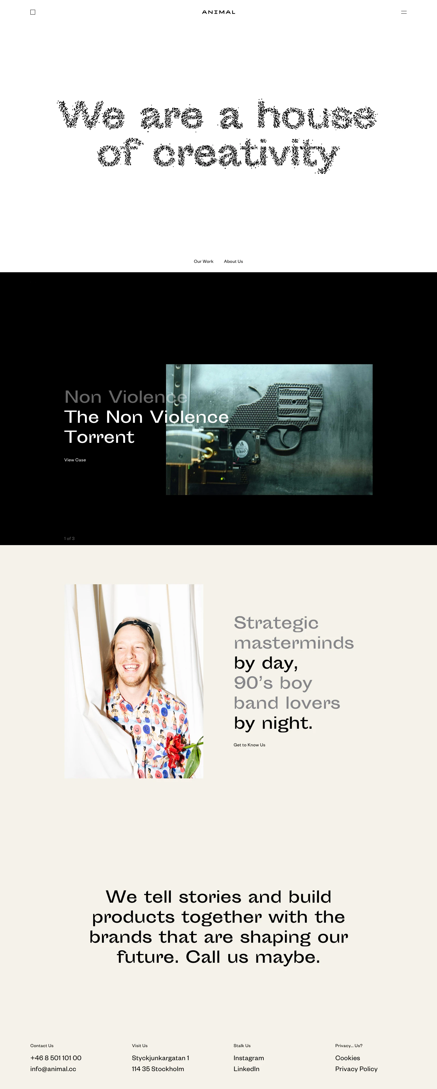 Animal Landing Page Example: We tell stories and build products together with the brands that are shaping our future. Call us maybe.