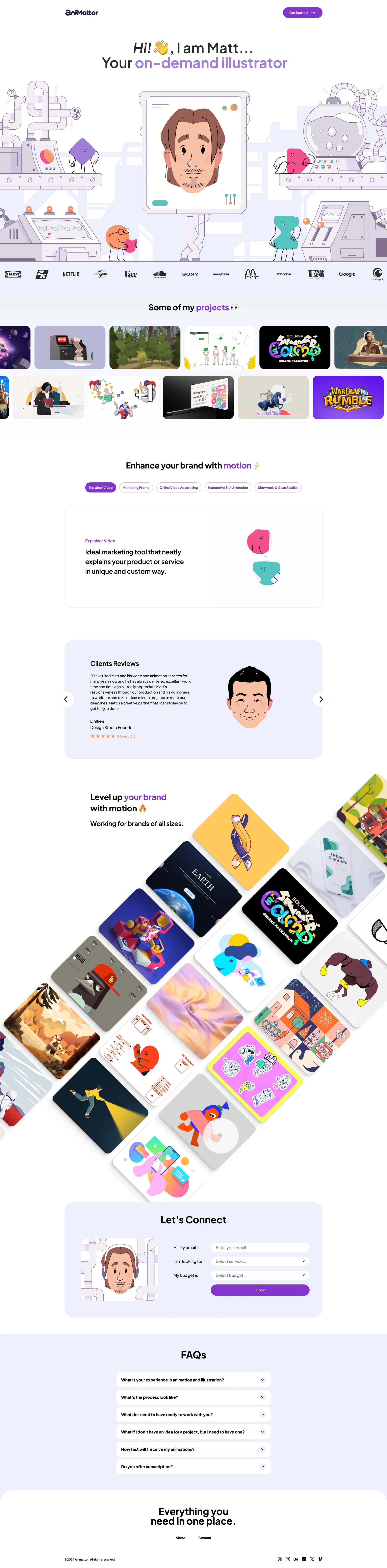 AniMattor Landing Page Example: Enhance your brand with motion through explainer videos, marketing promos, online video advertisements, interactive & UI animation, showreels & case studies, and more!