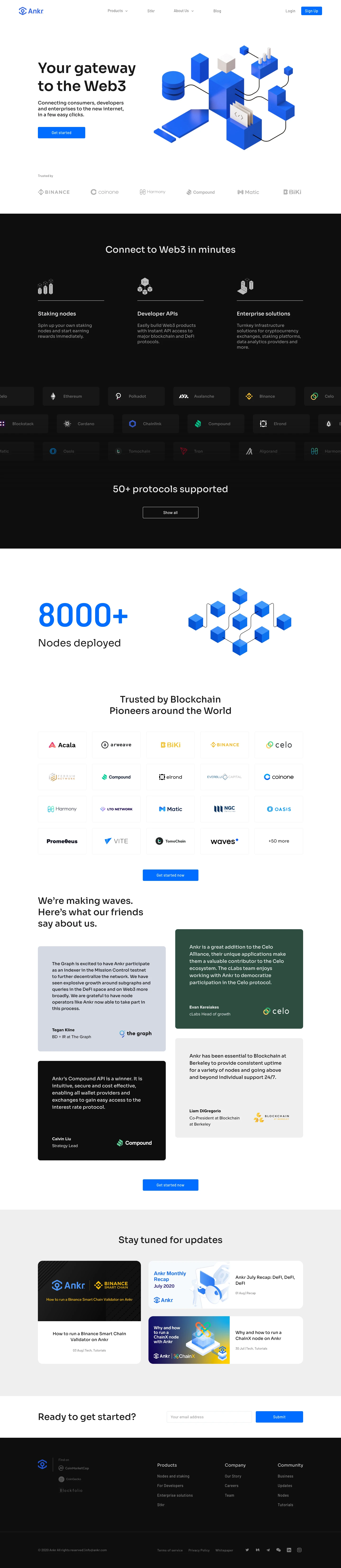 Ankr Landing Page Example: Ankr makes accessing Web 3.0 easy. We offer distributed, multi-cloud blockchain infrastructure for one-click node deployment and management as well as instant API access to major blockchains and DeFi protocols for developers.