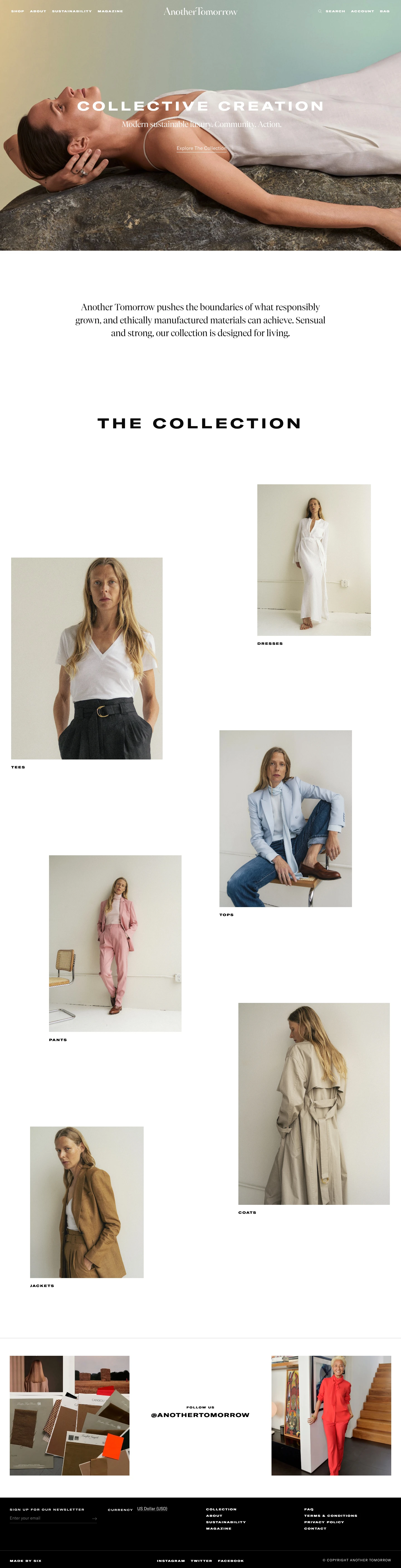 Another Tomorrow Landing Page Example: Another Tomorrow pushes the boundaries of what responsibly grown, and ethically manufactured materials can achieve. Sensual and strong, our collection is designed for living.