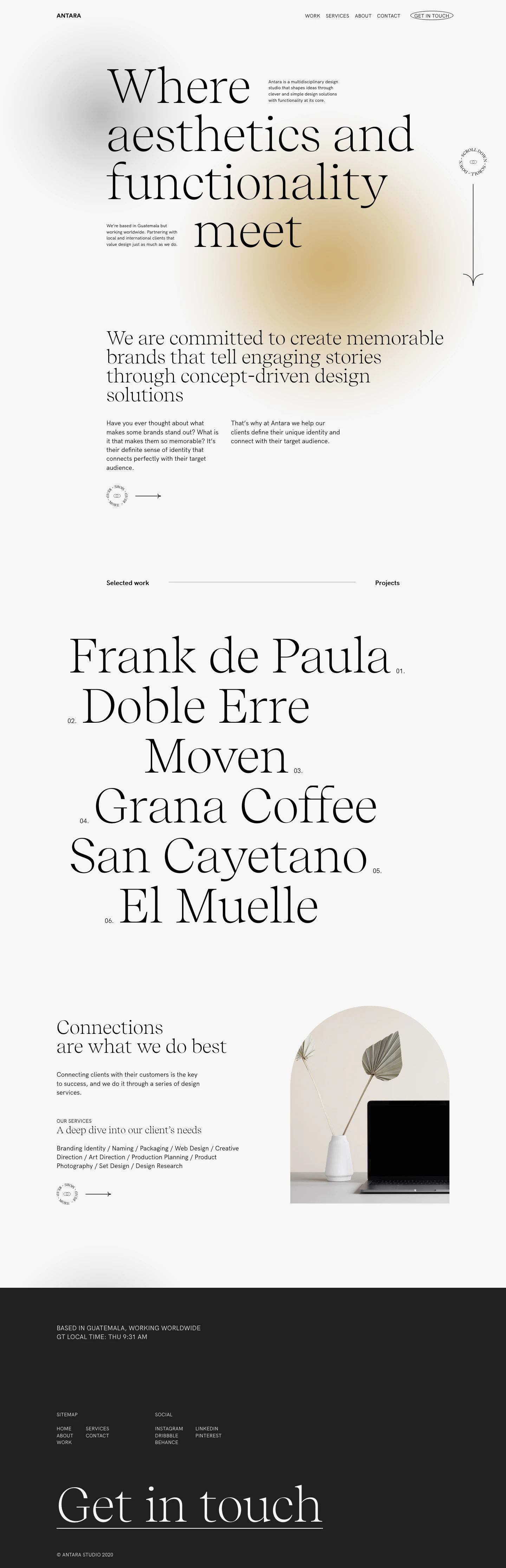 Antara Studio Landing Page Example: Antara Studio is a multidisciplinary design studio specializing in branding and digital design. Based in Guatemala and working worldwide.