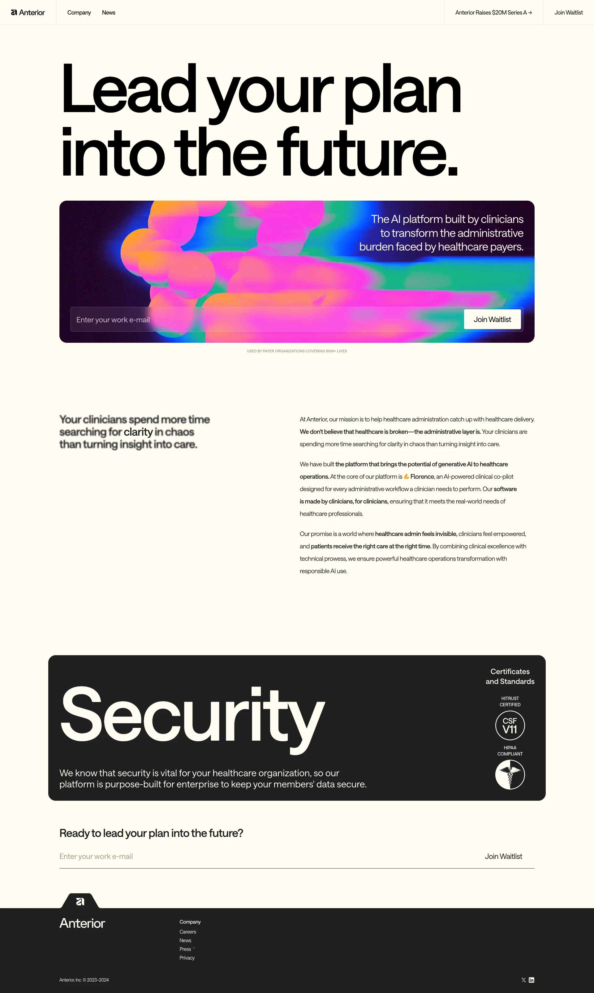 Anterior Landing Page Example: Lead your plan into the future. The AI platform built by clinicians to transform the administrative burden faced by healthcare payers.