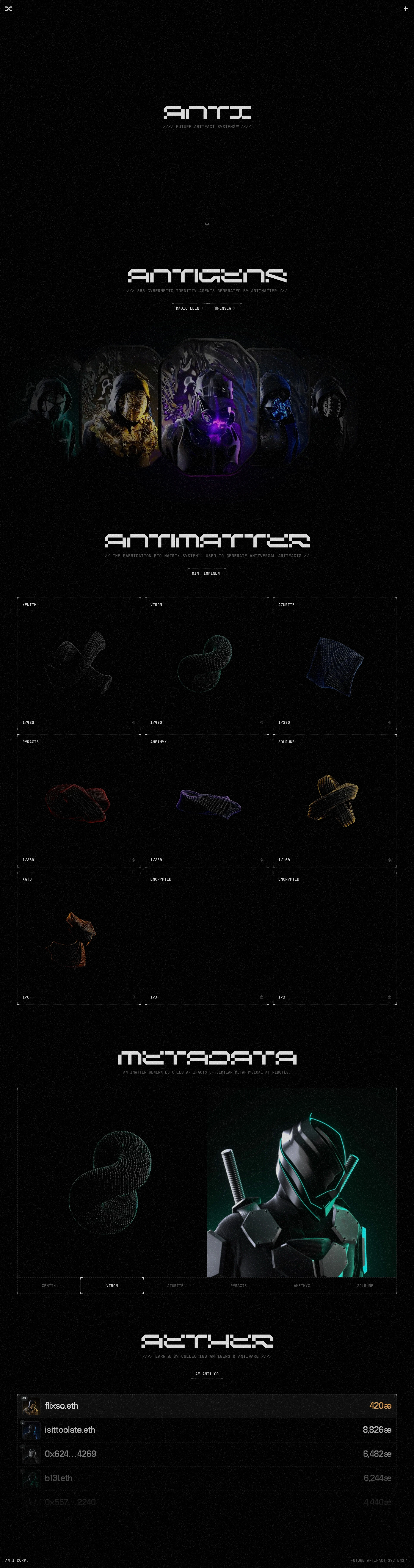 ANTI Landing Page Example: Future Artifact Systems. Antigens: 888 Cybernetic Identity Agents.