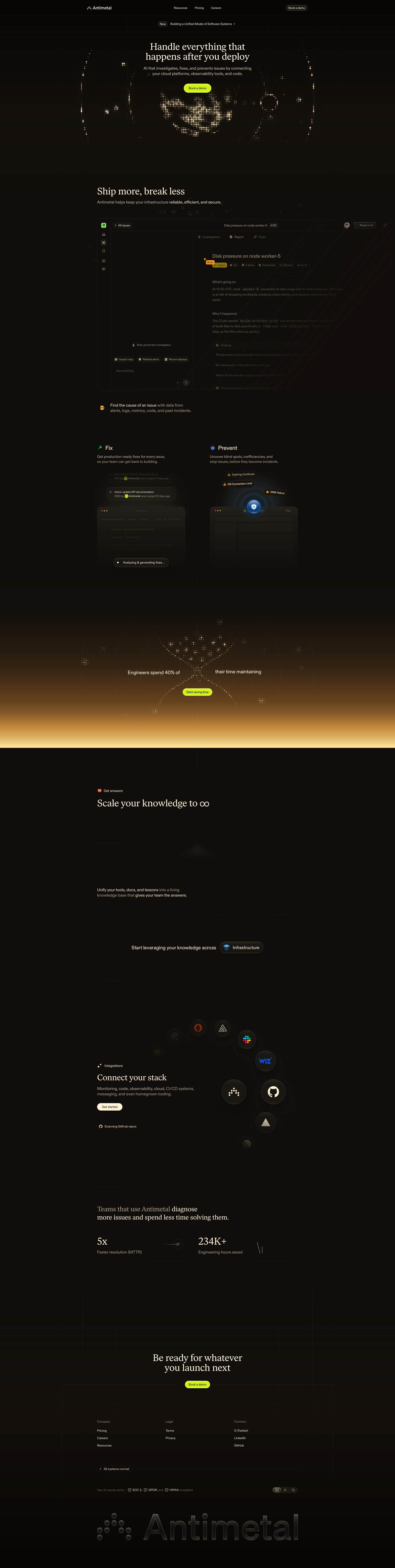 Antimetal Landing Page Example: Handle everything that happens after you deploy. Al that investigates, fixes, and prevents issues by connecting :: your cloud platforms, observability tools, and code.
