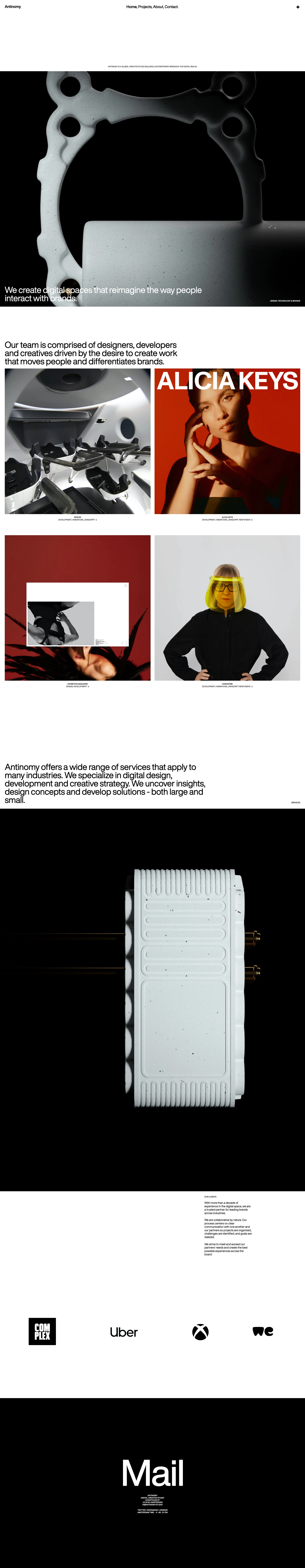 Antinomy Studio Landing Page Example: Antinomy is a global creative studio building contemporary brands in the digital realm. We create immersive digital spaces that are challenging the ways people interact with brands.