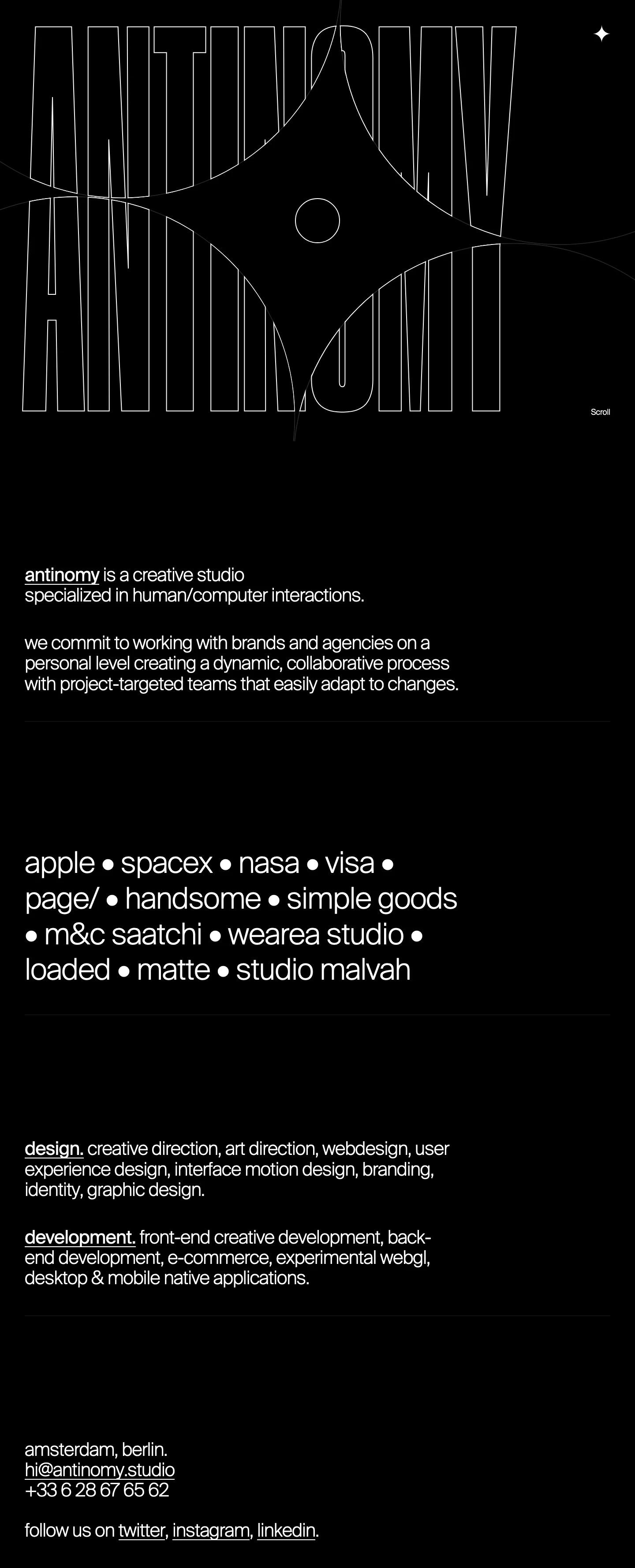 antinomy Landing Page Example: Creative studio specialized in human/computer interactions. We commit to working with brands and agencies on a personal level creating a dynamic, collaborative process with project-targeted teams that easily adapt to changes.