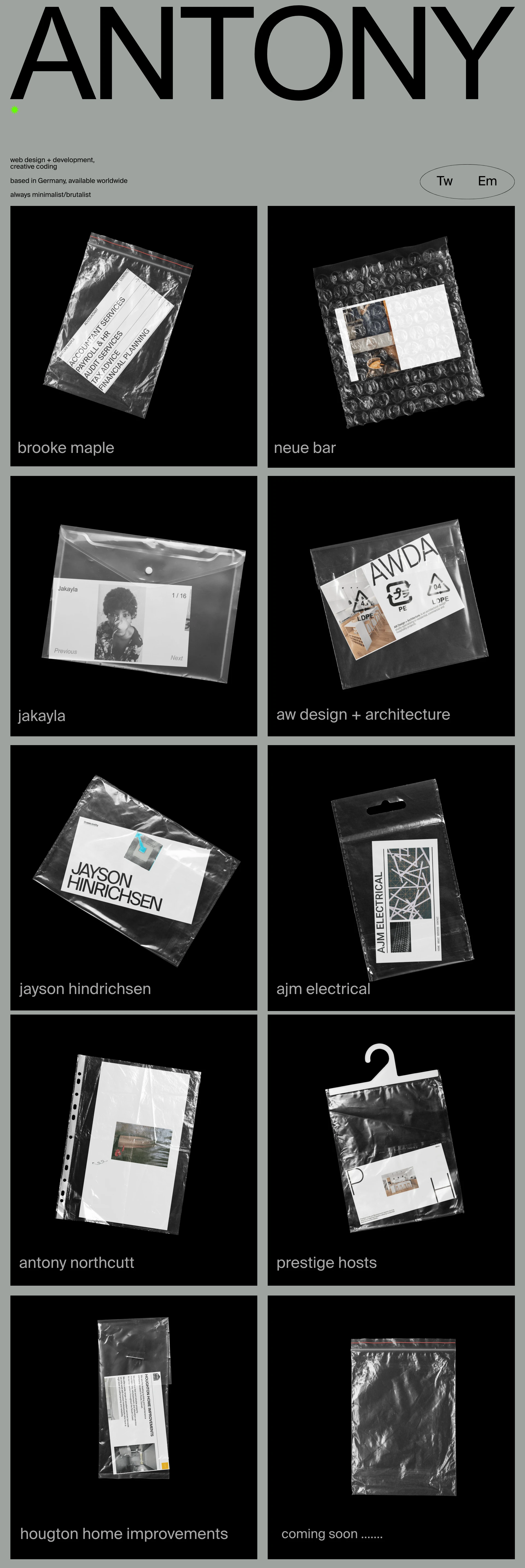 Antony Northcutt Landing Page Example: Web design + development, creative coding.